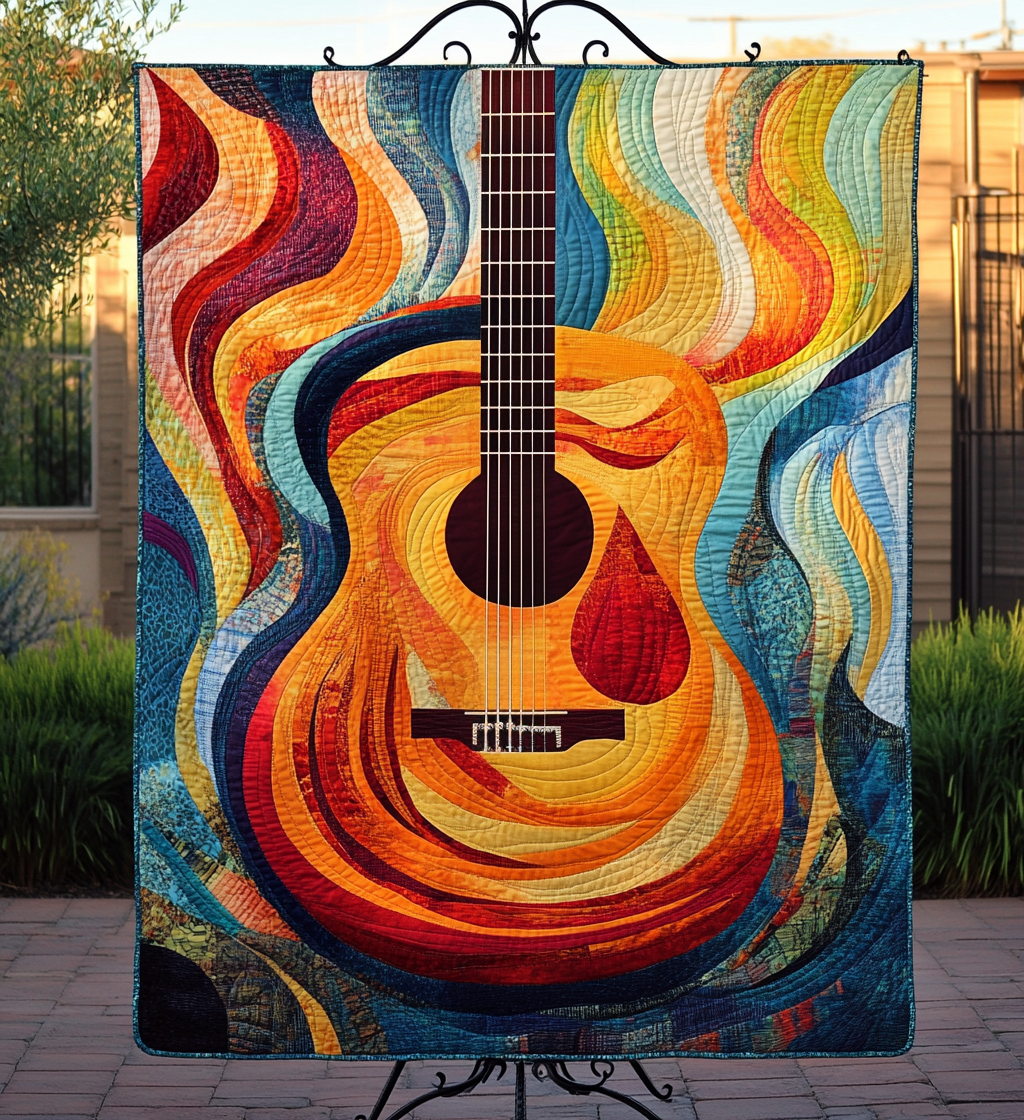 Colorful Guitar Rhythms Art Quilted Blanket Celebrating USA 250 Gift For Friend - Tradiviet
