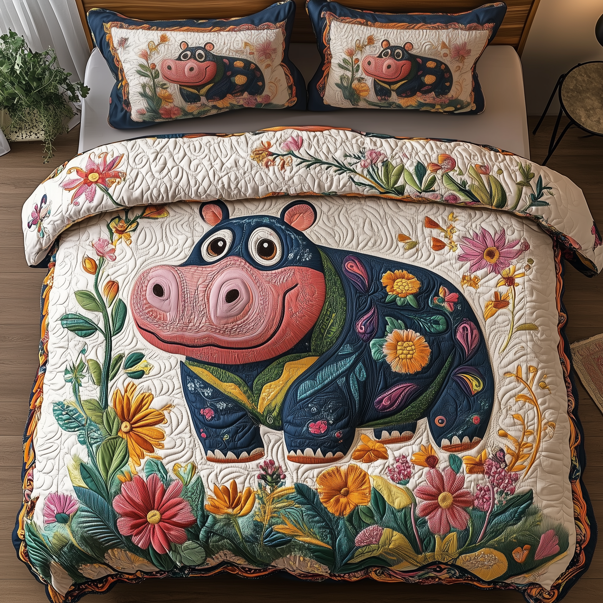 Colorful Nature Hippo Quilted Bedding Set Colorful Nature Impression Gift For Colorful Nature - Tradiviet