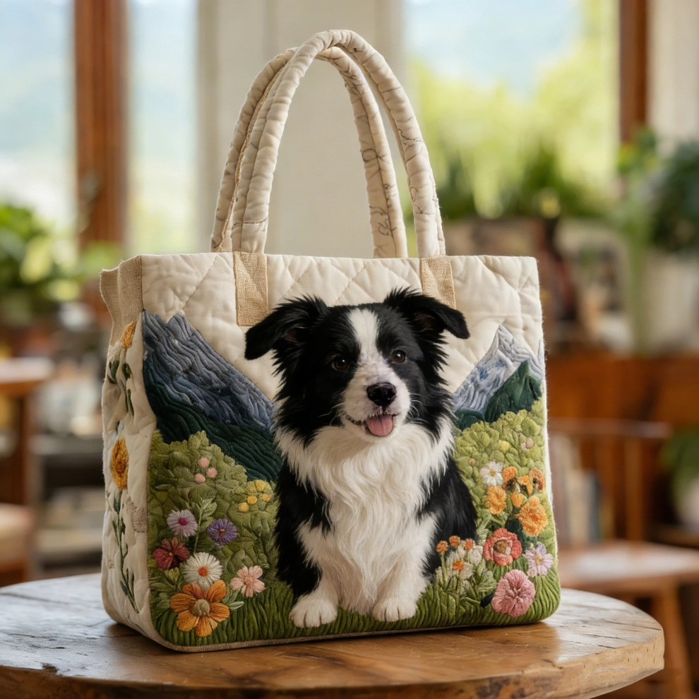 Consistent Collie Quilted Tote Bag Floral Cute Dog Tote Gifts For Consistent Collie Lovers - Tradiviet