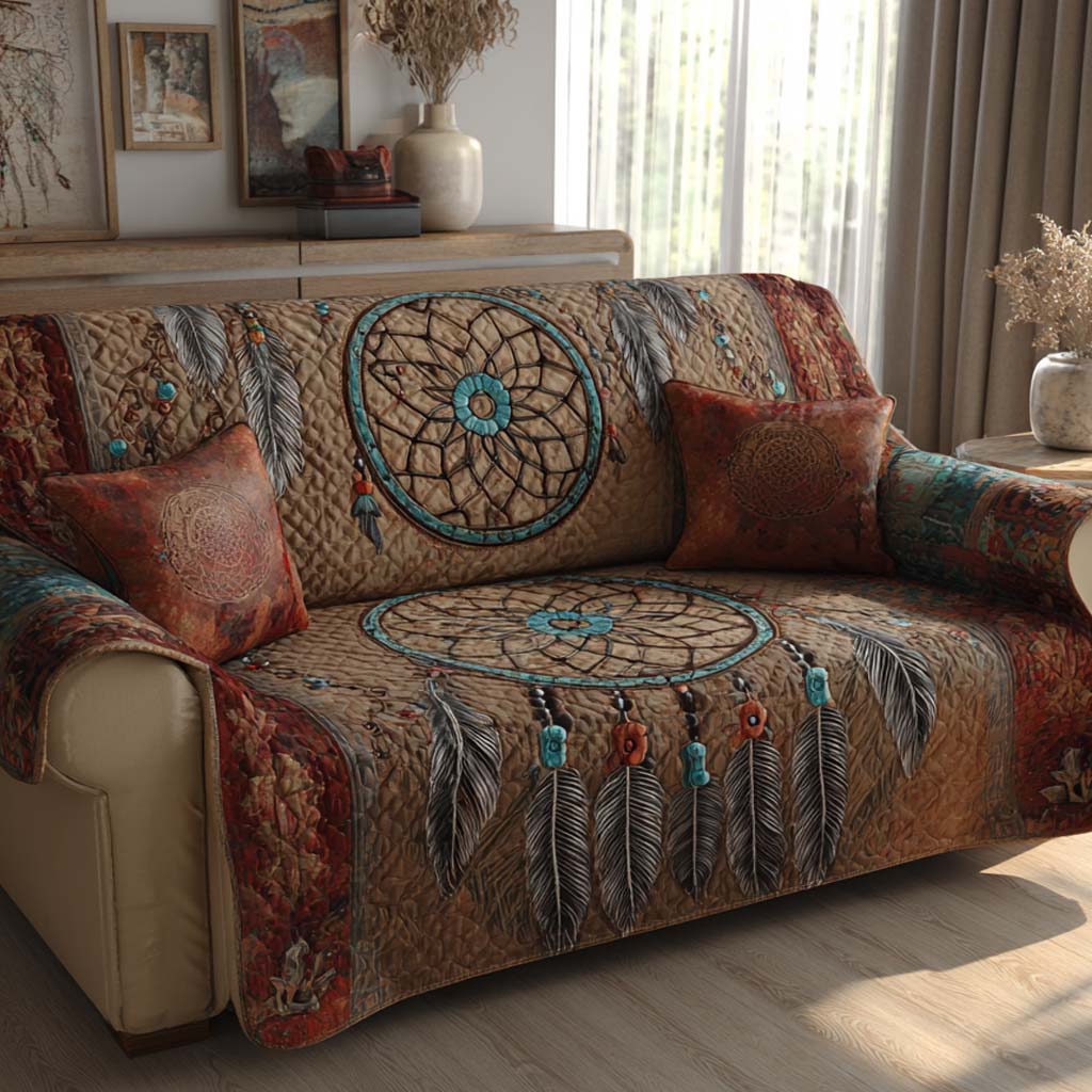 Copper Feathers Quilted Sofa Cover Unique Home Room Decor Gift For New Home - Tradiviet