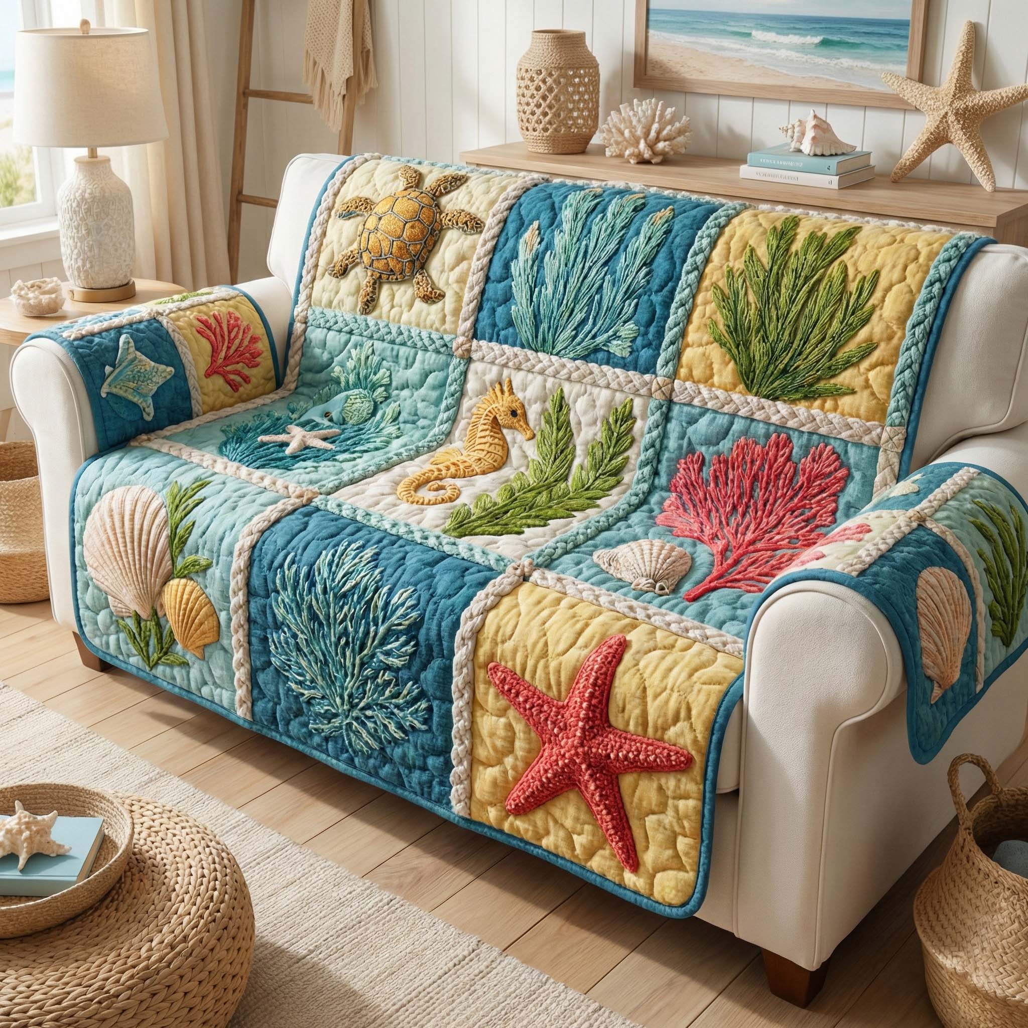 Coral Garden Quilted Sofa Cover Coastal Home Couch Cover Gifts For Living Rooms - Tradiviet
