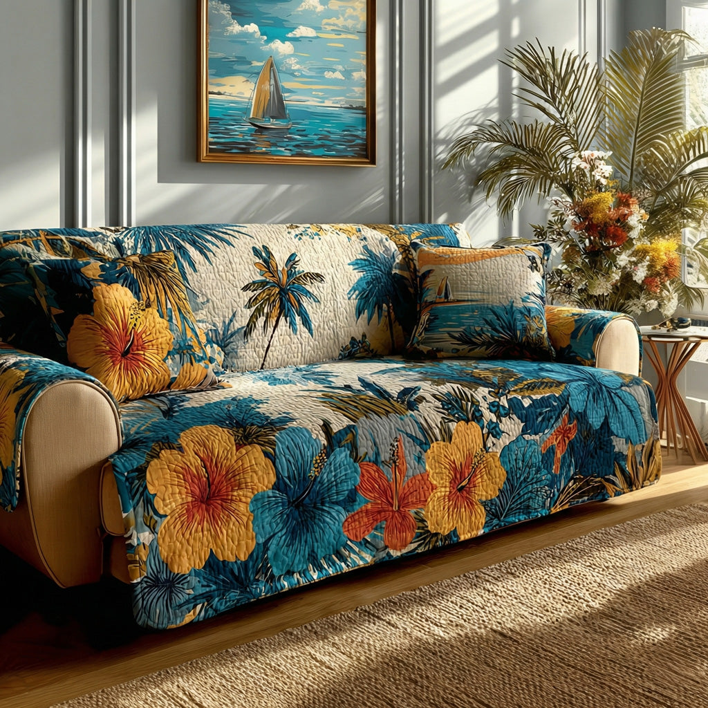 Coral Palms Quilted Sofa Cover Creative Home Room Decor Gifts For Home Lovers - Tradiviet