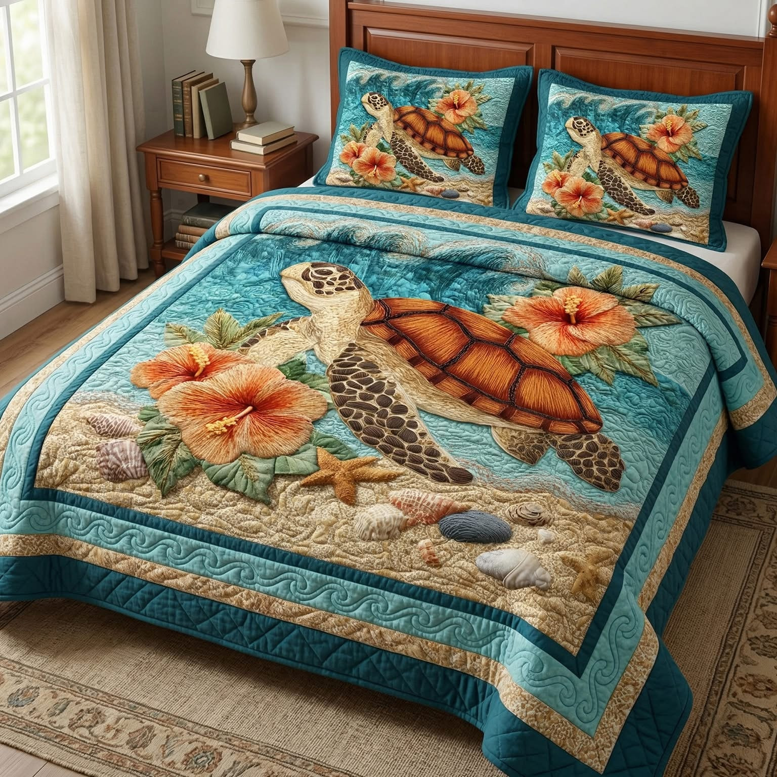 Coral Turtle Quilted Bedding Set Hibiscus Flower Duvet Cover Bedroom Decor Merch For Her - Tradiviet