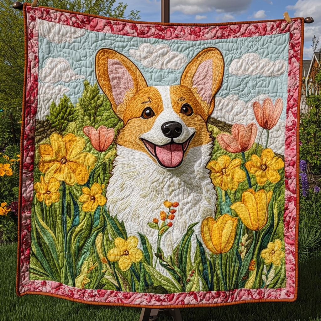 Corgi Fields of Bloom Quilted Blanket Decorations For Your Room Gift For New Home - Tradiviet