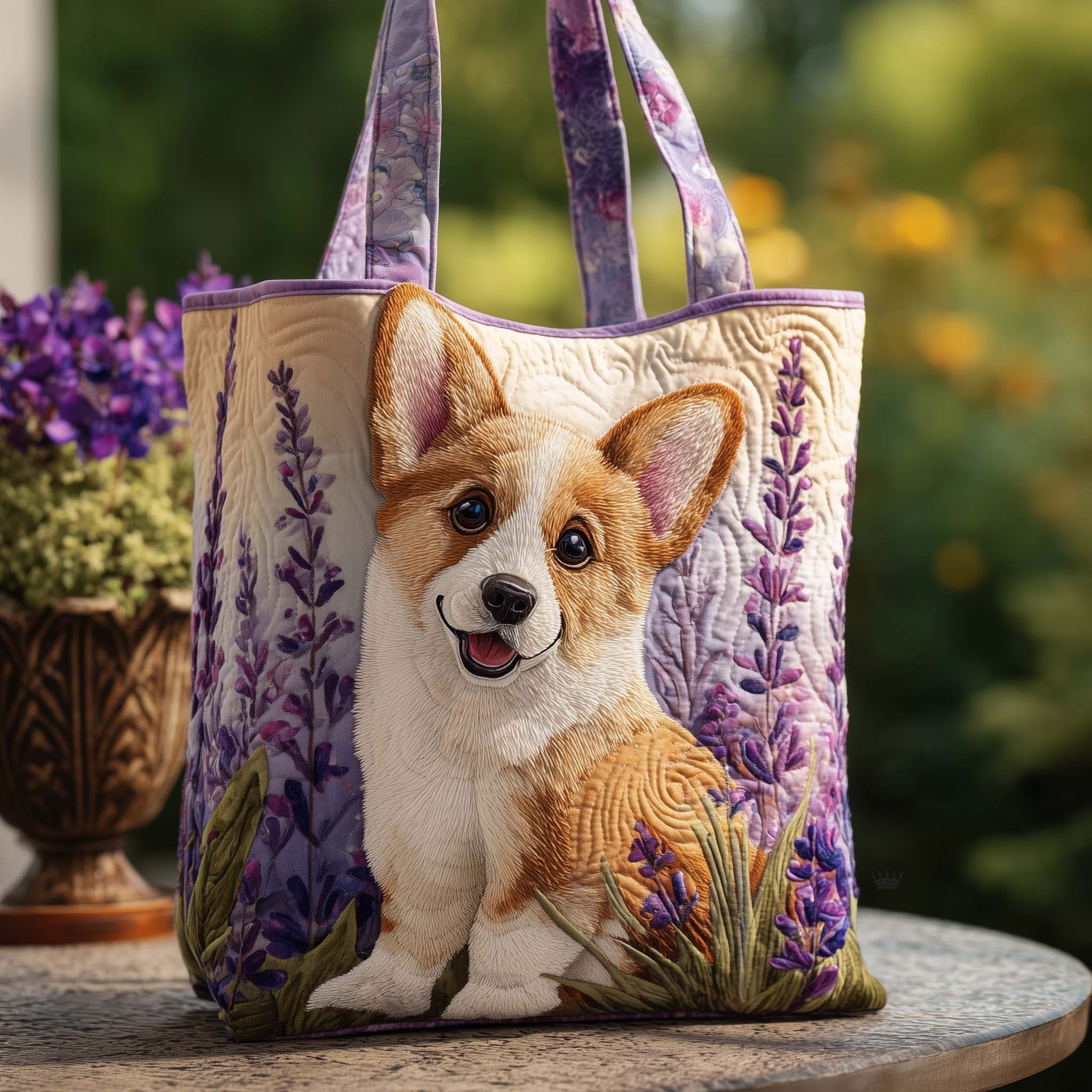 Corgi In A Field Of Lavender Quilted Tote Bag Aesthetic Bag Gifts For Corgi Lovers - Tradiviet