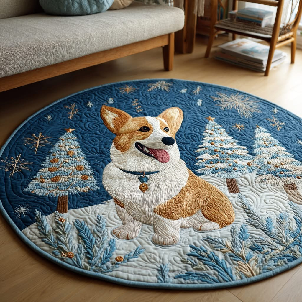 Corgi Winter Christmas Quilted Round Mat Circle Rug Holiday Decor Corgi Lovers Owners Gifts - Tradiviet