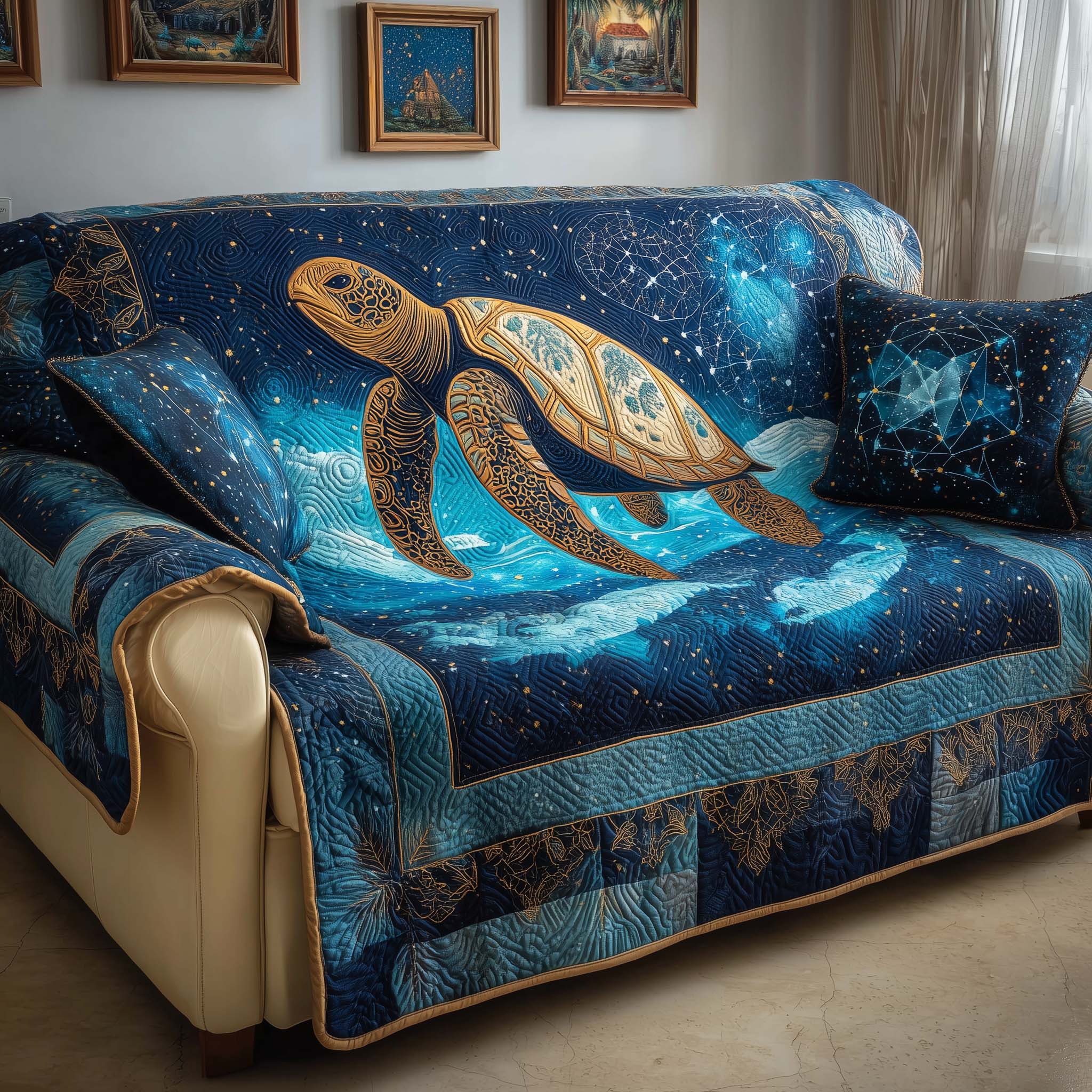 Cosmic Turtle Quilted Sofa Cover Coastal Home Couch Cover Deer Gifts For Him - Tradiviet