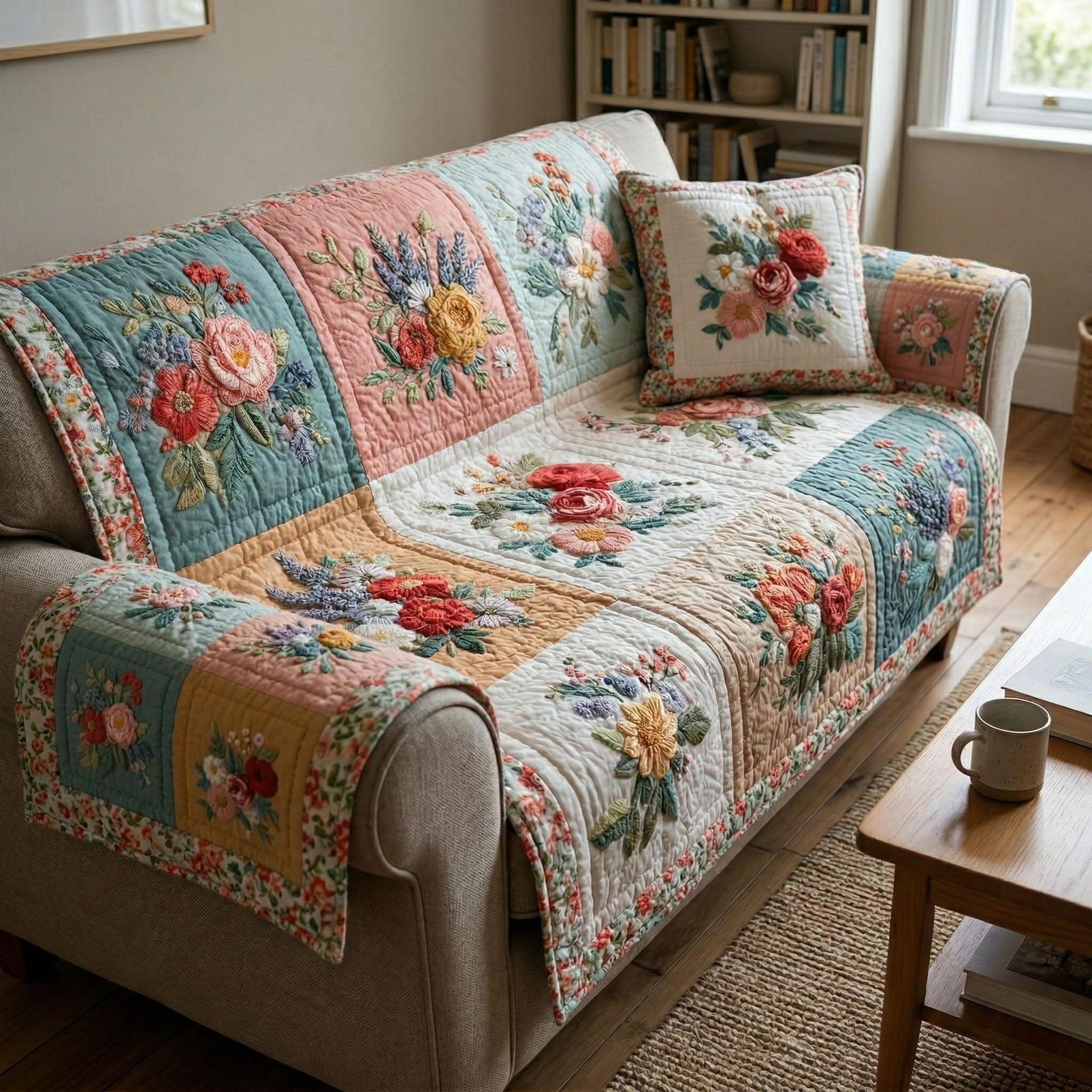 Cottage Blossom Quilted Sofa Cover Best Couch Slipcovers Christmas Presents For Farmers - Tradiviet
