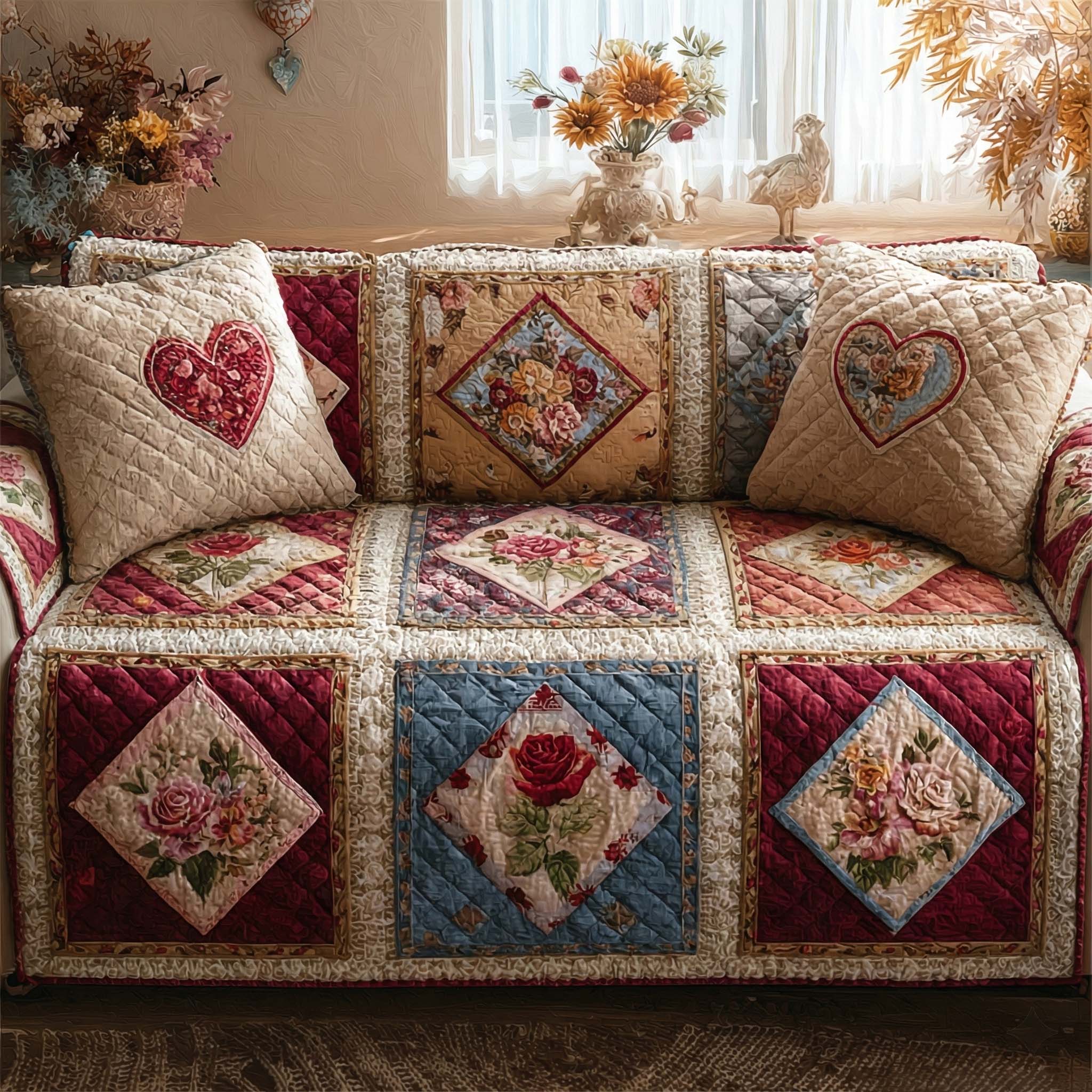 Cottage Rose Heart Quilted Sofa Cover Couch And Loveseat Covers Valentine Day Presents For Mom - Tradiviet
