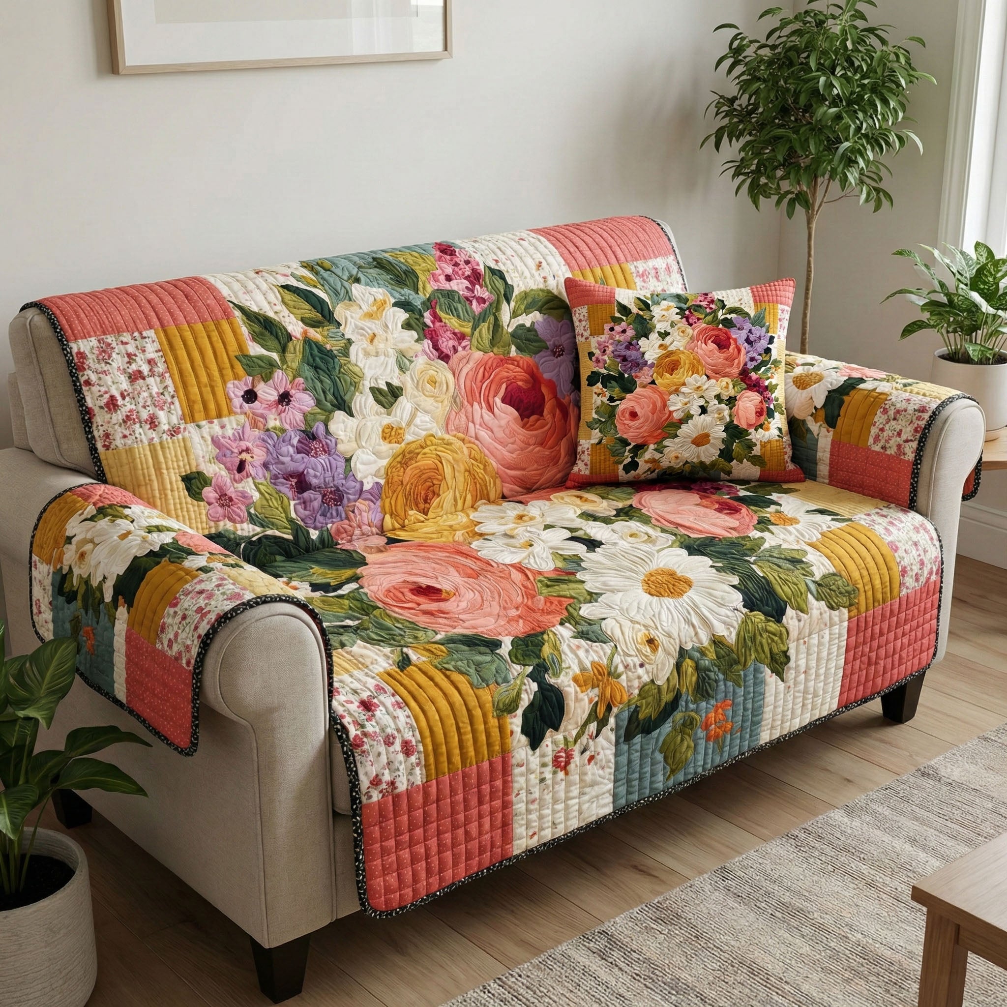 Cottage Rose Quilted Sofa Cover Recliner Couch Covers Mother Daughter Gifts - Tradiviet