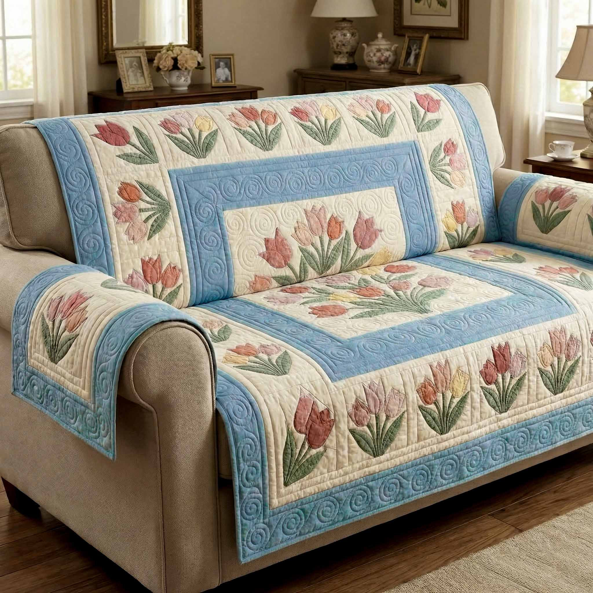 Cottage Tulips Quilted Sofa Cover Best Slipcovers Mother To Be Gifts - Tradiviet