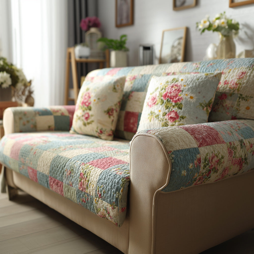 Country Blossom Mix Quilted Sofa Cover Neutral Home Room Decor Present For House Lovers - Tradiviet
