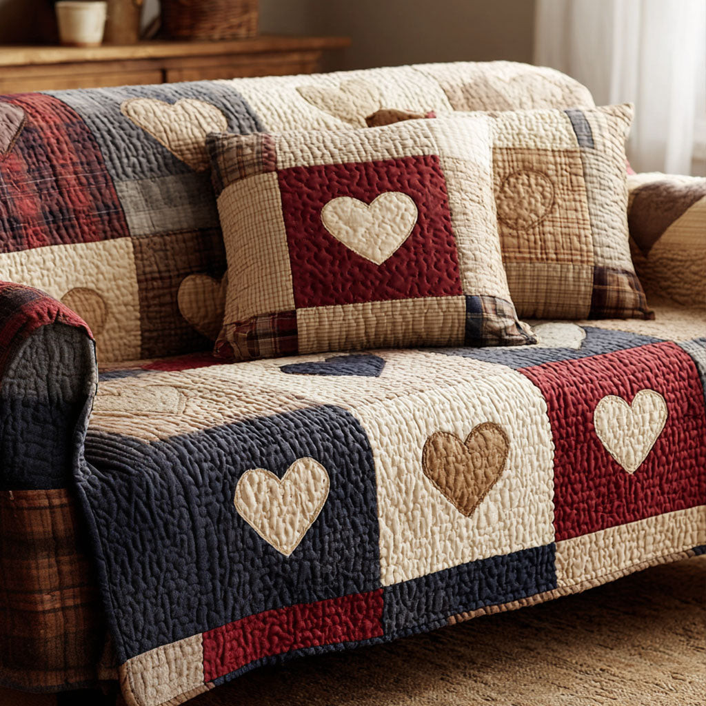 Country Hearts Quilted Sofa Cover Couch Cushion Covers Holiday Gifts For Couples - Tradiviet