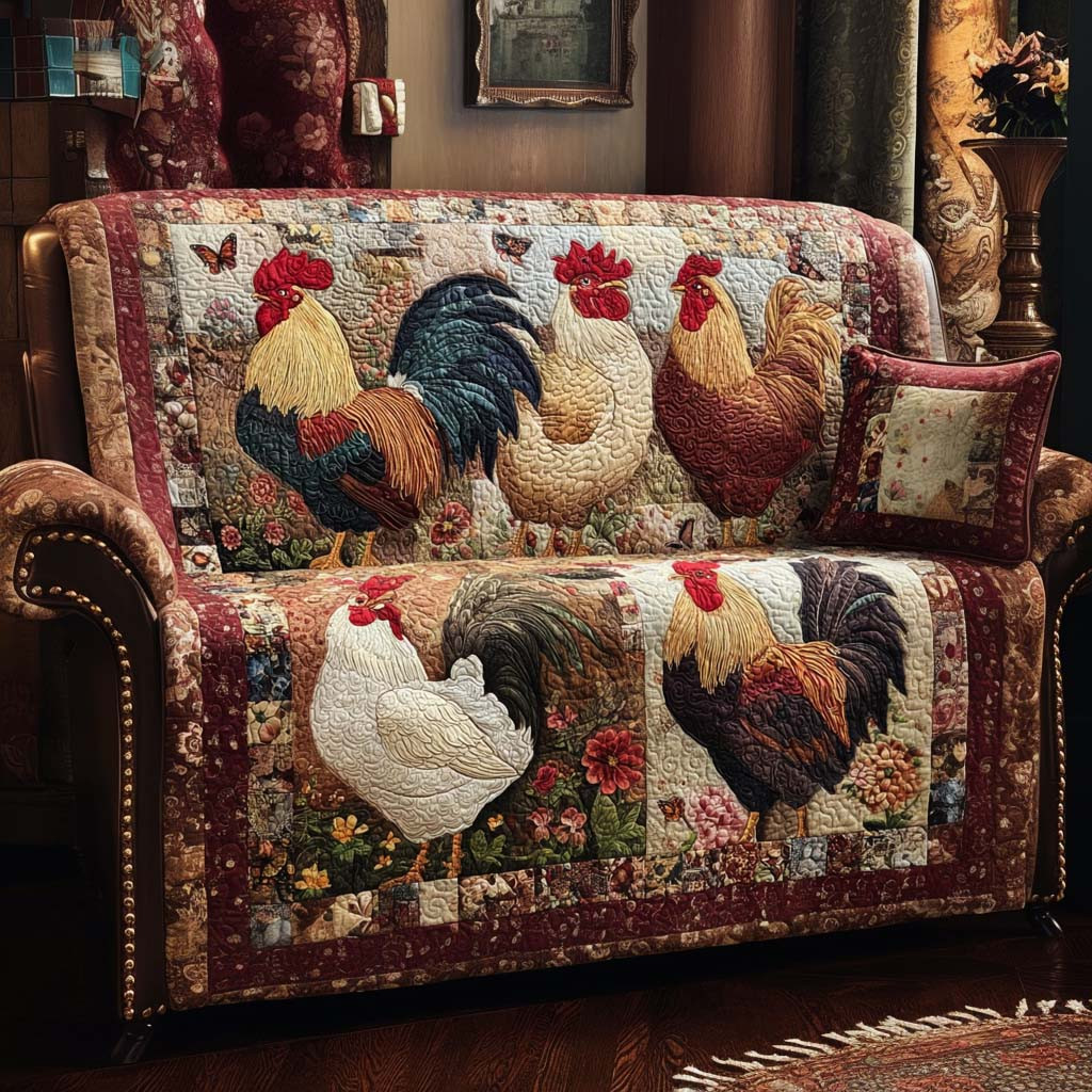 Country Rooster Parade Quilted Sofa Cover Couch Seat Covers Best Gifts For Chicken Owners - Tradiviet