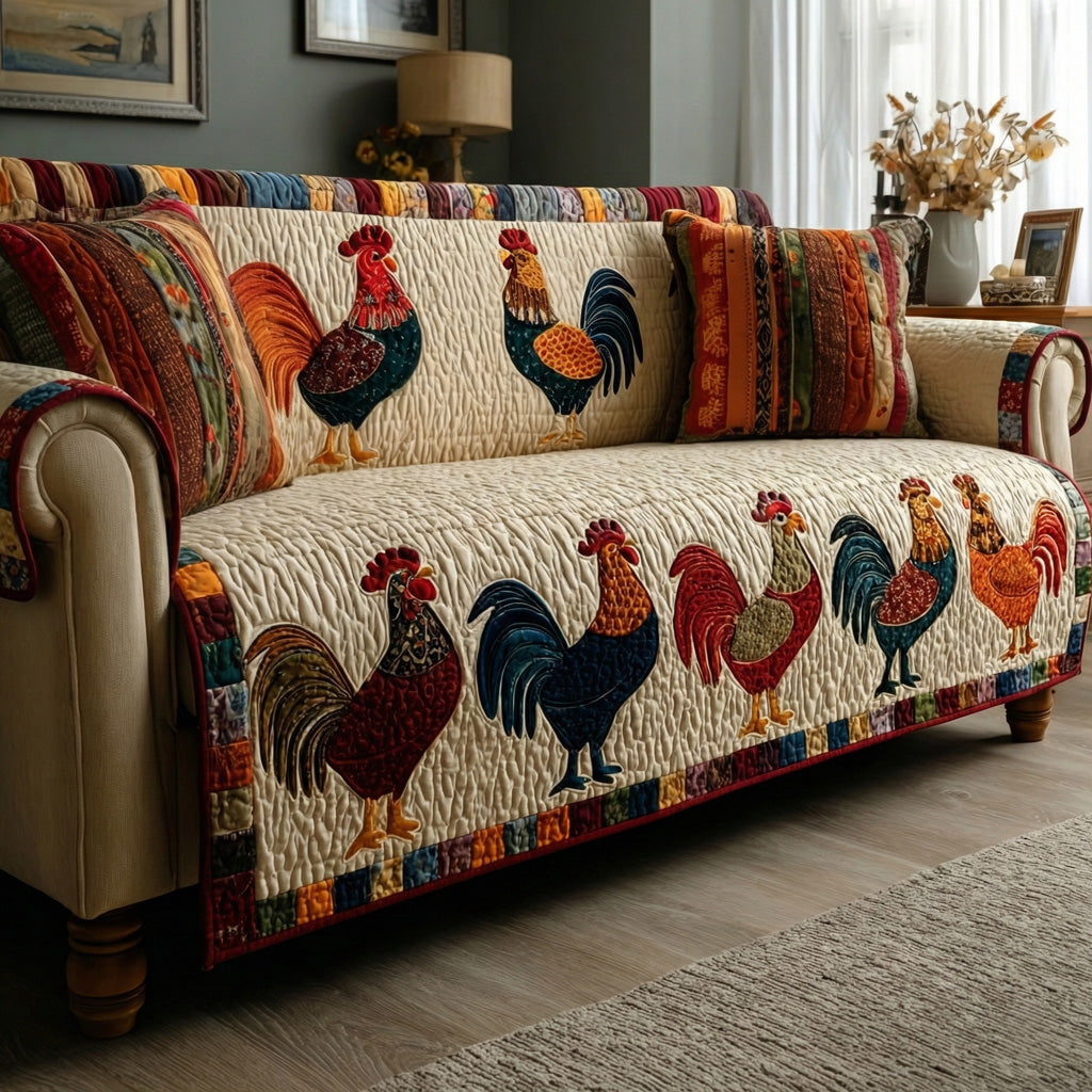Country Roosters Quilted Sofa Cover Simple Room Decor Gift For Home Lover - Tradiviet
