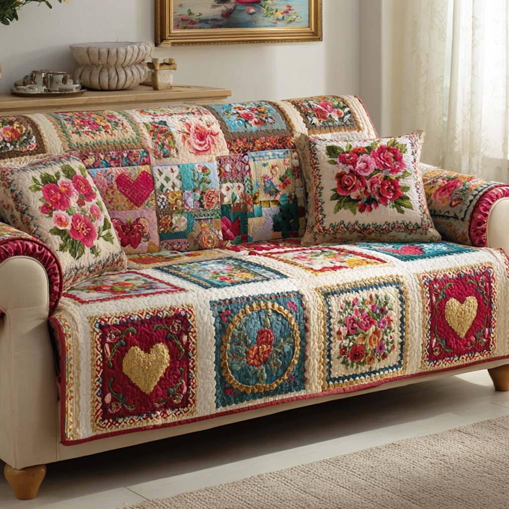 Country Rose Checker Quilted Sofa Cover Best Slip Covers For Furniture Valentine Day Ideas For Women - Tradiviet
