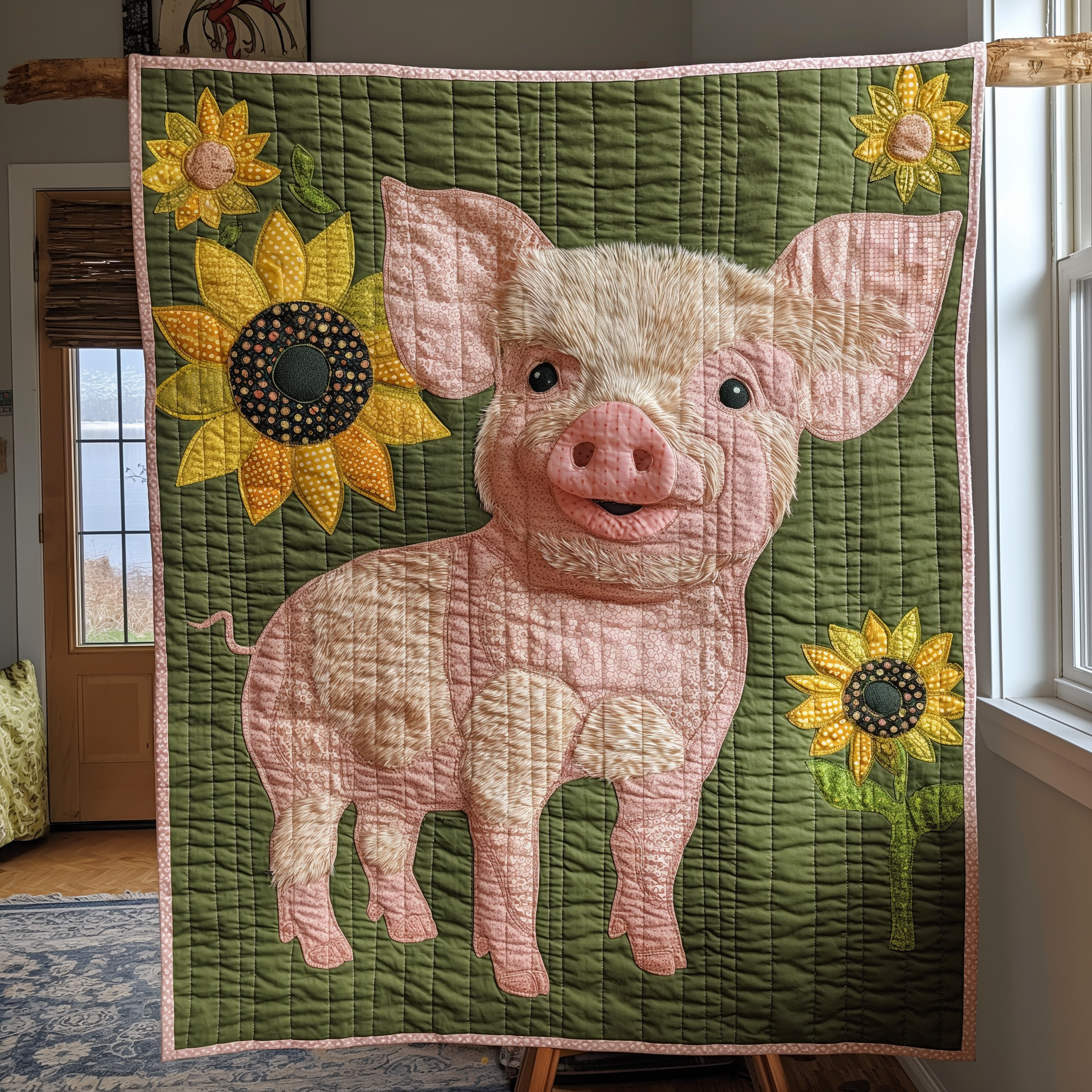 Country Sunflower Pig Quilted Blanket Room Decor Patriotic Gifts - Tradiviet
