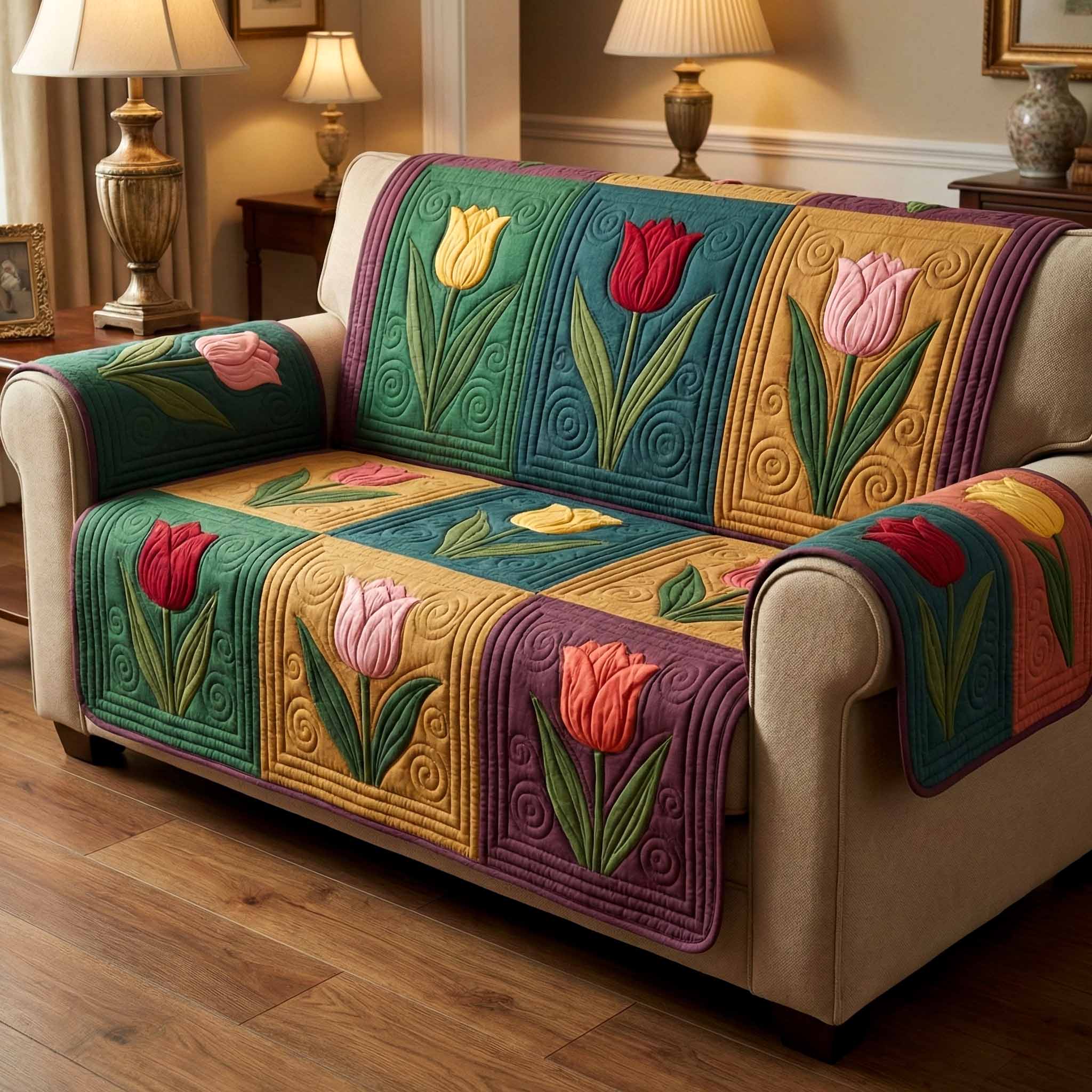 Country Tulips Quilted Sofa Cover Great Couch Covers Mothers Day Present Ideas - Tradiviet