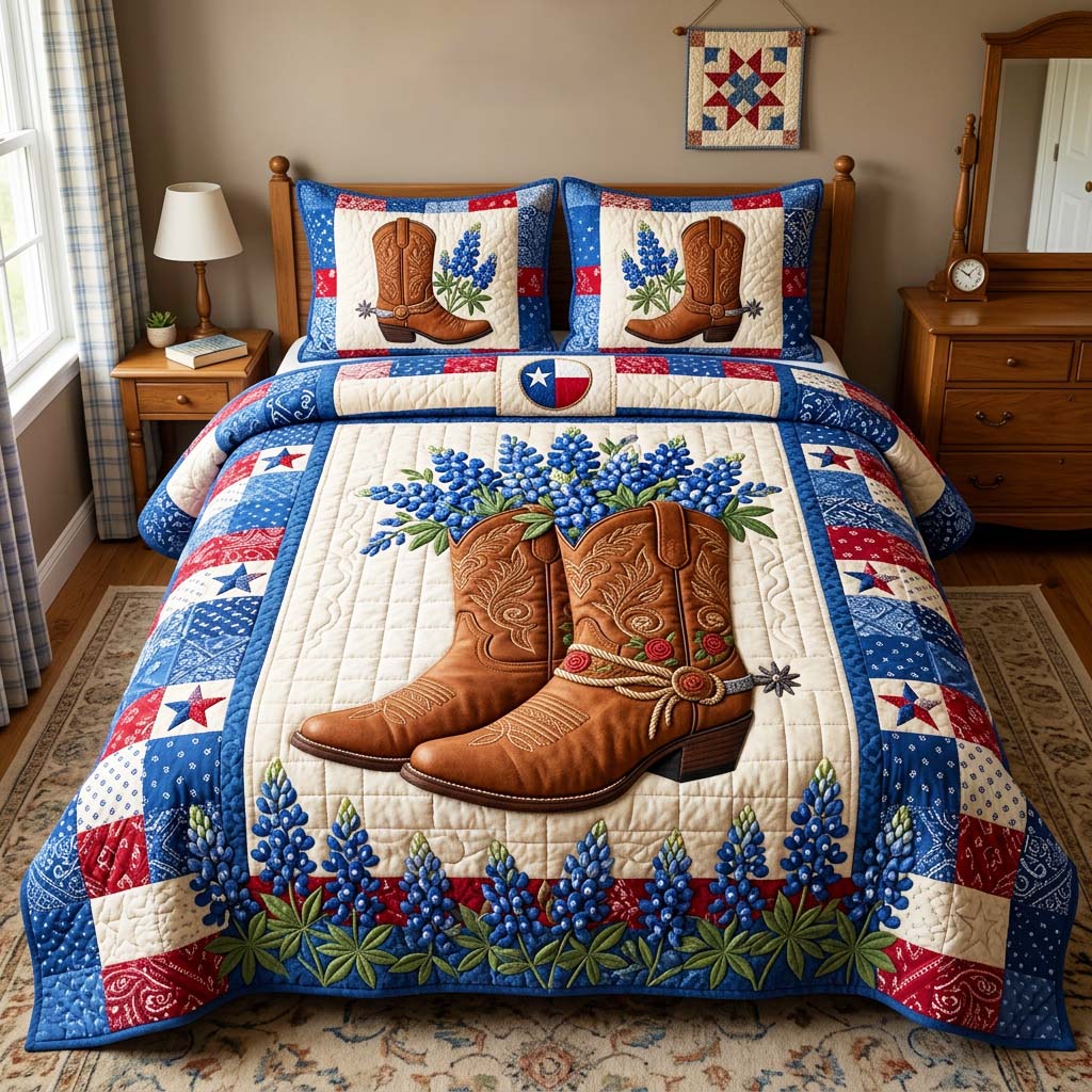 Cowboy Boots Bluebonnet Quilted Bedding Set Cowboy Boots Motif Gift For Cowboy - Tradiviet