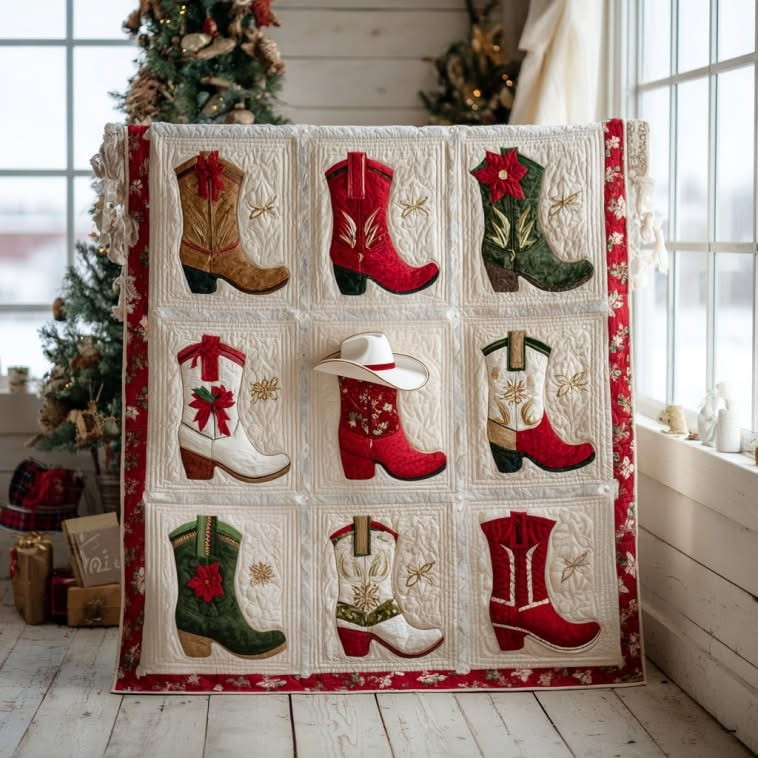 Cowboy Boots Christmas Quilt Blanket Country Western Throw Blanket Cowboy Related Gifts - Tradiviet