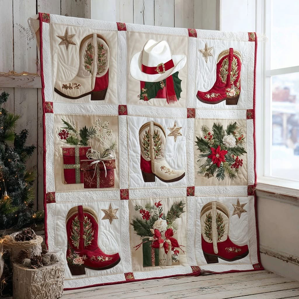 Cowboy Boots Christmas Quilt Blanket Winter Holiday Cowboy Present Ideas - Tradiviet