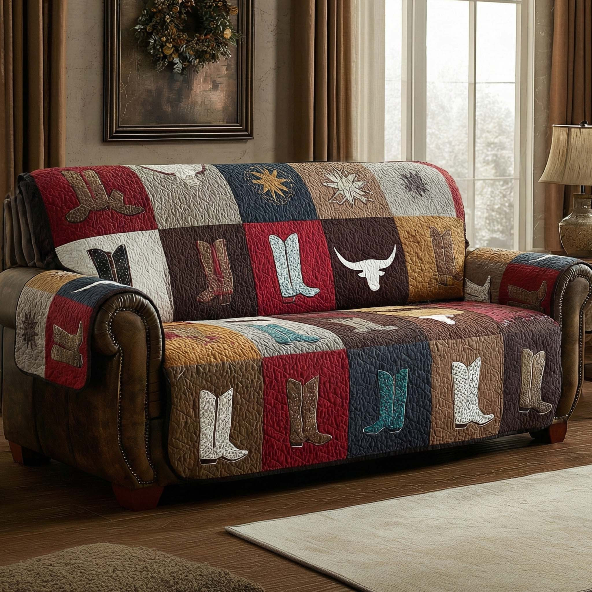 Cowboy Boots Quilted Sofa Cover Couch Cover Texas Gifts Online - Tradiviet