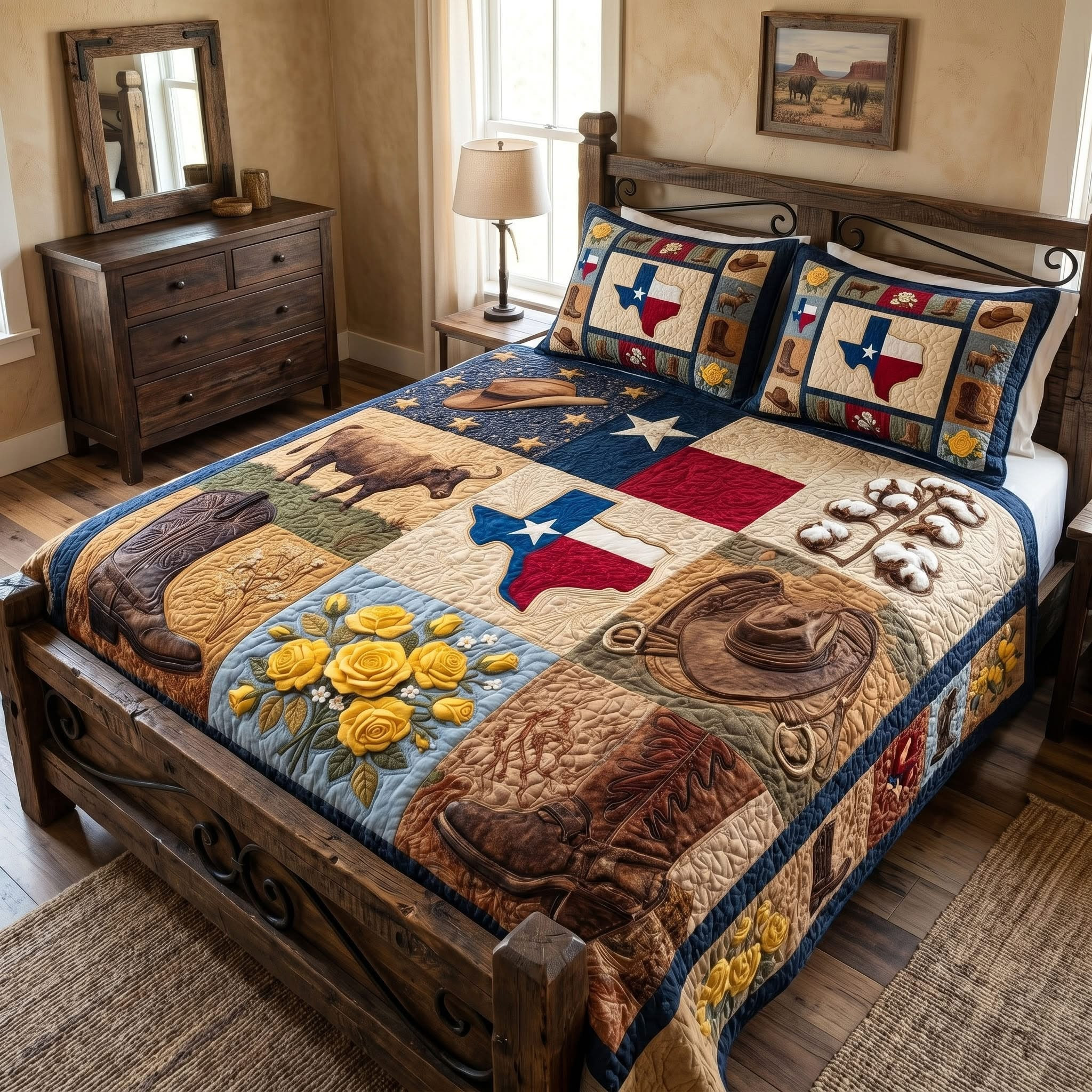Cowboy Rustic Texas Star Quilted Bedding Set Vintage Western Style Bedspread Set Dad's Gift - Tradiviet