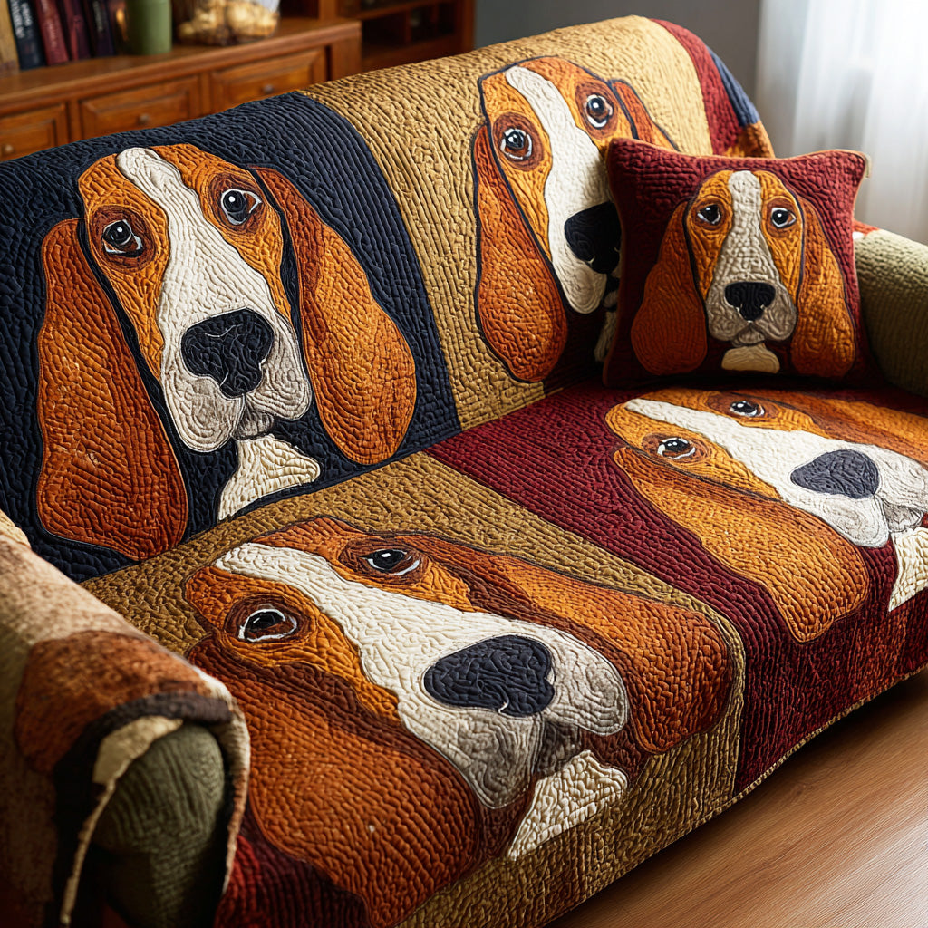 Cozy Basset Quilted Sofa Cover Couch Protector Cute Dog Owner Gift Ideas - Tradiviet