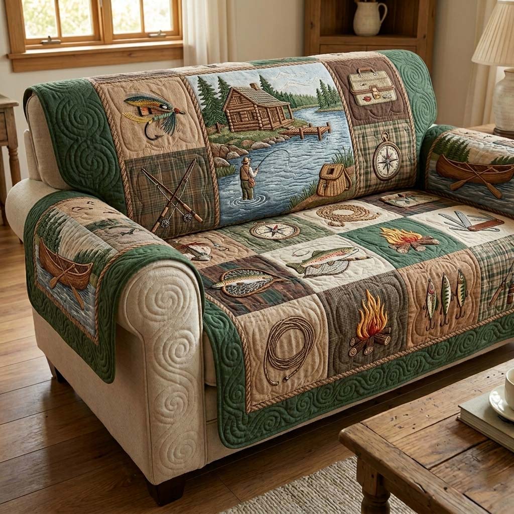 Cozy Cabin Fishing Quilted Sofa Cover Cabin Home Couch Cover Gift Ideas For Cat Lovers - Tradiviet