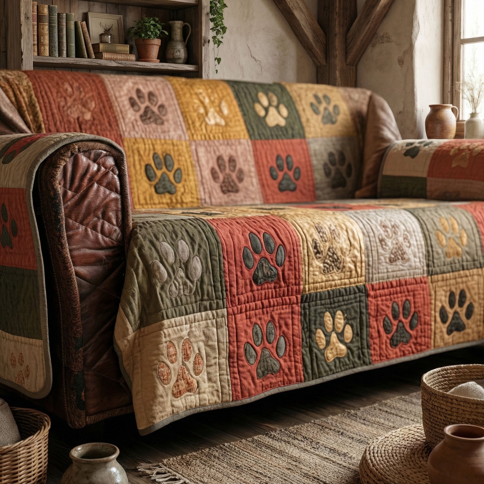 Cozy Cabin Pawprints Quilted Sofa Cover House Room Decor Present For Home Lovers - Tradiviet