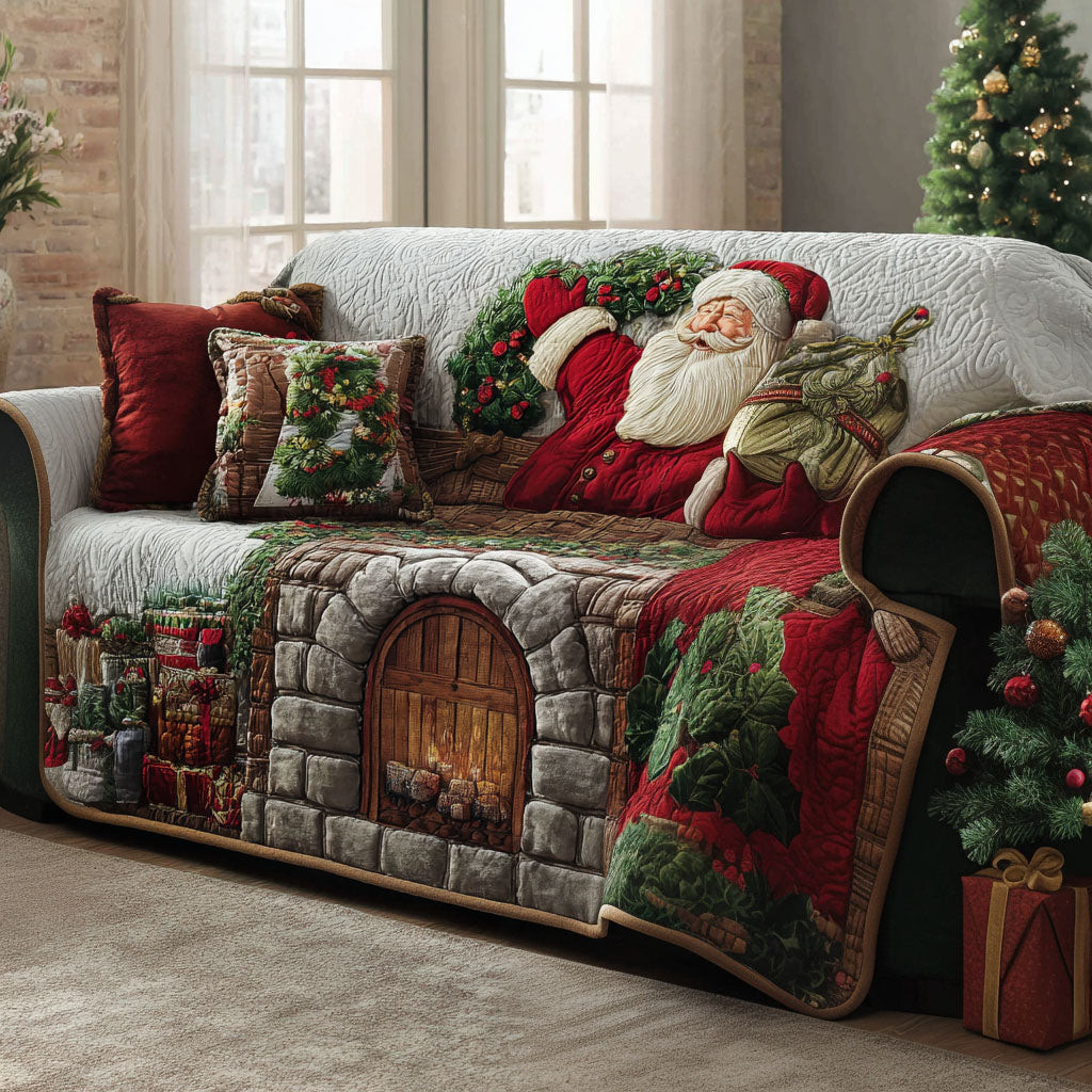 Cozy Chimney Quilted Sofa Cover Christmas Family Room Decor Best Book Lovers Gifts For Dad - Tradiviet