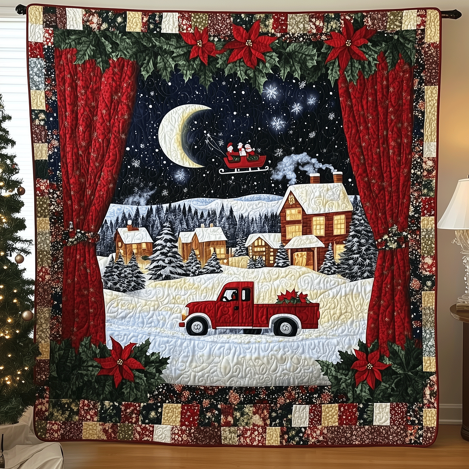 Cozy Christmas Village Quilted Blanket Holiday Room Decor Patriotic Gifts - Tradiviet