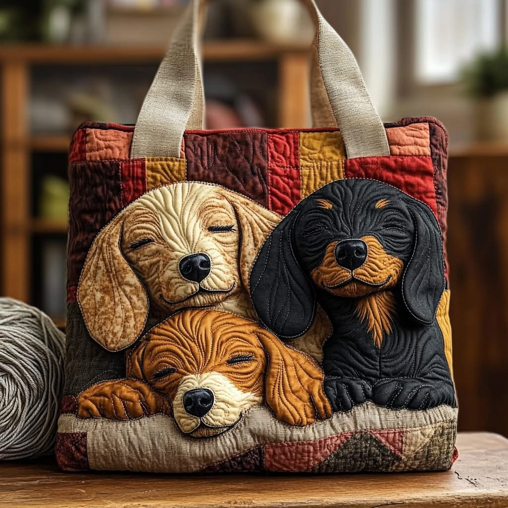 Cozy Dachshund Patchwork Quilted Tote Bag Cute Sleepy Dog Bag Gifts For Dachshund Lovers - Tradiviet