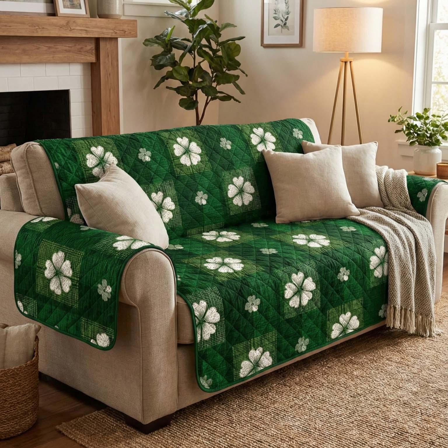 Cozy Emerald Quilted Sofa Cover Soft Room Decor Cozy Housewarming Gift Ideas - Tradiviet