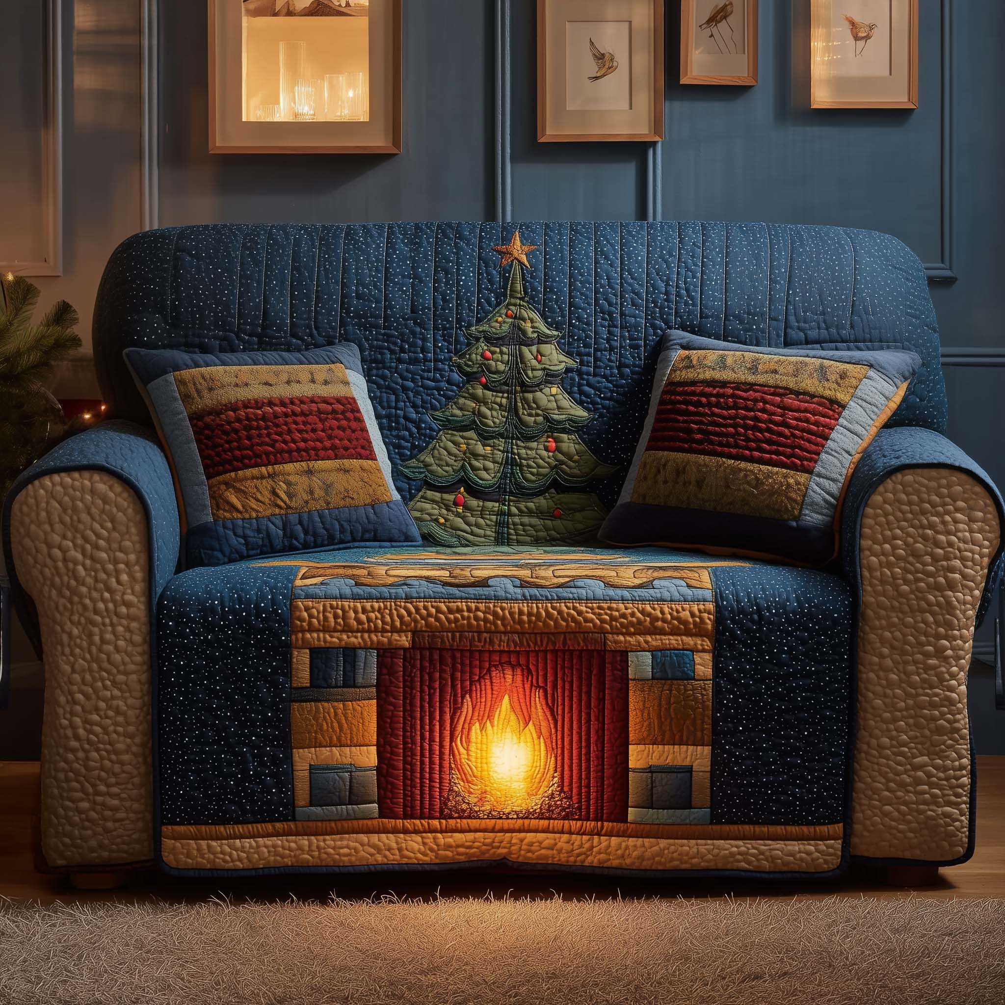 Cozy Fireplace Quilted Sofa Cover Cabin Home Couch Cover Gifts For Home Decor - Tradiviet