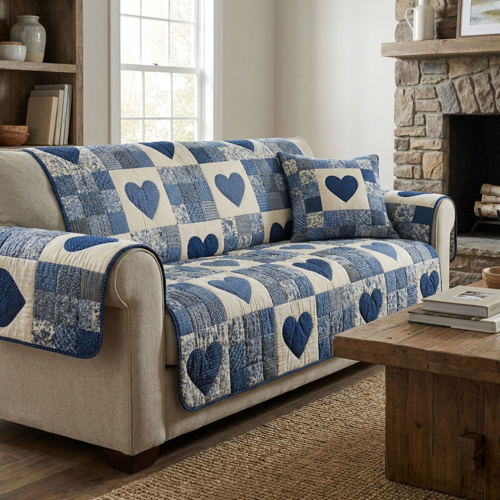 Cozy Hearts Quilted Sofa Cover Couch Protector Christmas Gift Ideas For Couples - Tradiviet