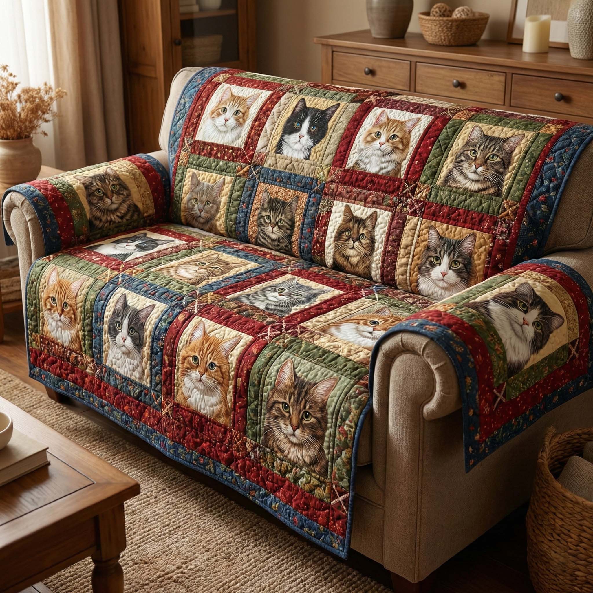Cozy Patchwork Quilted Sofa Cover Patchwork Home Couch Cover Gift For Buffalo Lover - Tradiviet