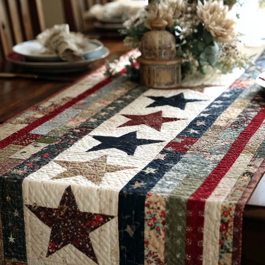 Cozy Patriot Stars Quilted Table Runner Rustic Garrison Glow Quilted Decor Gift For Men - Tradiviet