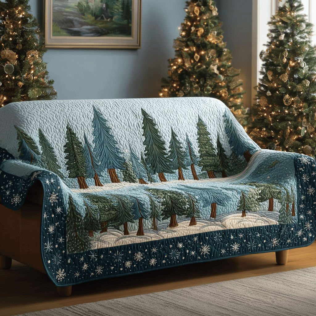 Cozy Pines Quilted Sofa Cover Winter Living Room Decor Gifts To Get Your Mother In Law For Christmas - Tradiviet
