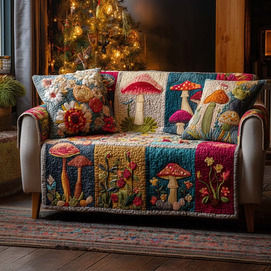 Cozy Woodland Mushrooms Quilted Sofa Cover Simple Room Decor Gift For Cozy Spaces - Tradiviet