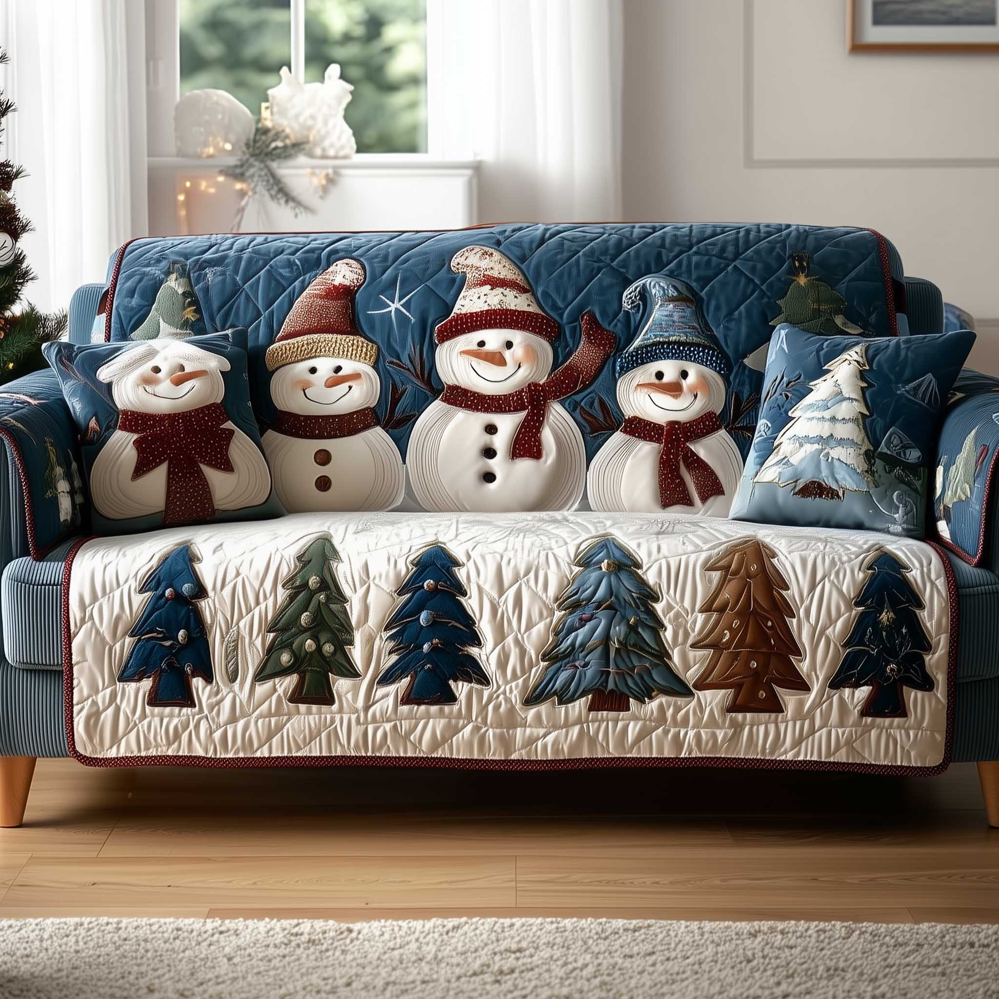 Cozy Woodland Snowman Quilted Sofa Cover Elegant Home Room Decor Presents For New Home - Tradiviet