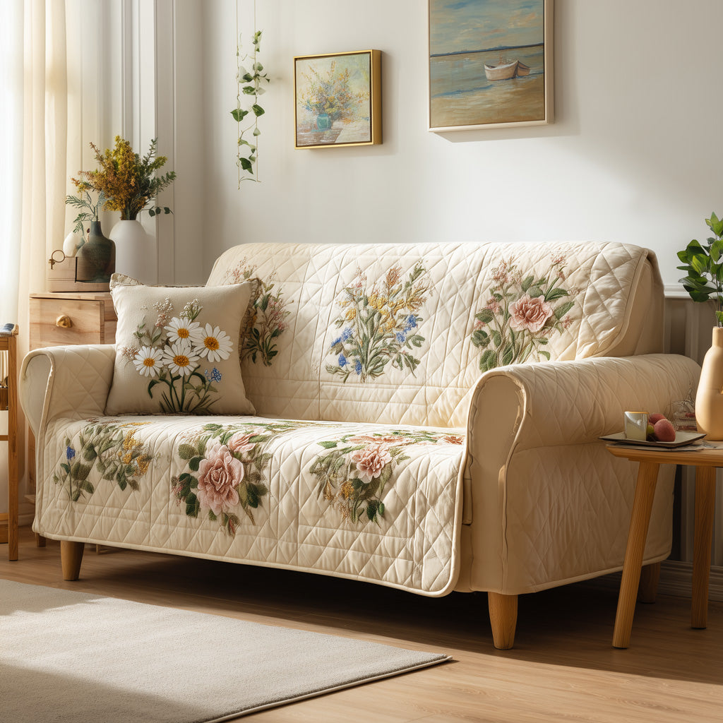 Cream Garden Classic Quilted Sofa Cover Elegant Home Room Decor House Lover Gift Ideas - Tradiviet