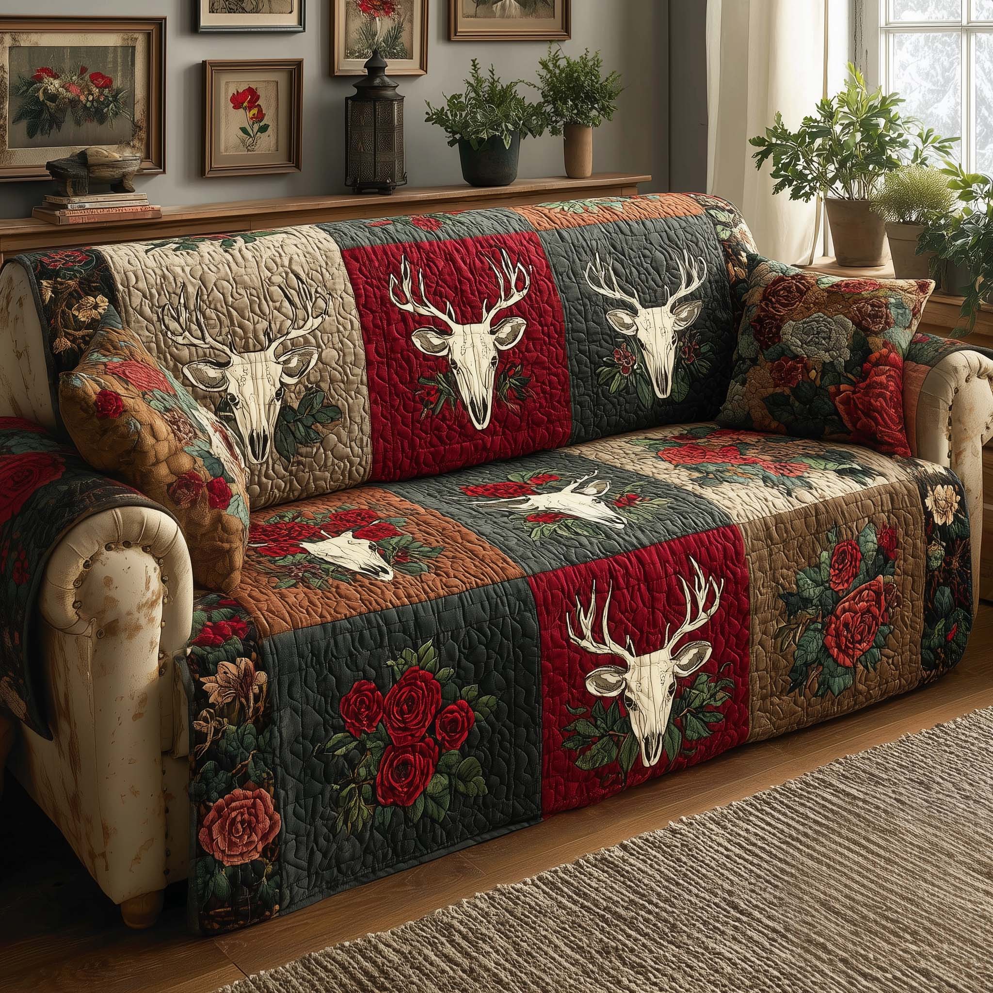 Crimson Antlers Quilted Sofa Cover Wildlife Home Couch Cover Cute Room Decor Gifts - Tradiviet