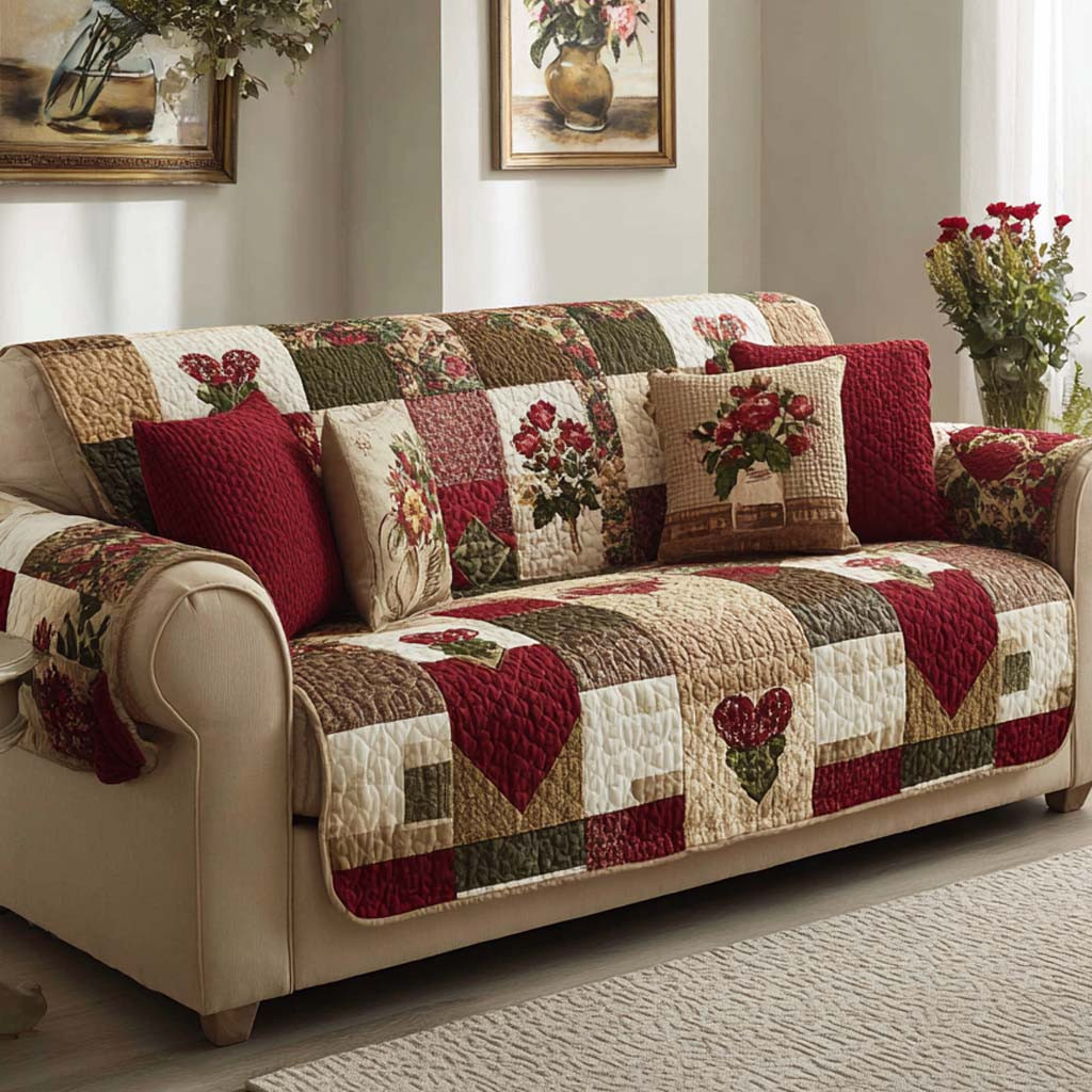 Crimson Bloom Heritage Quilted Sofa Cover Sofa Couch Slipcover Best Valentine Day Gifts For Men - Tradiviet