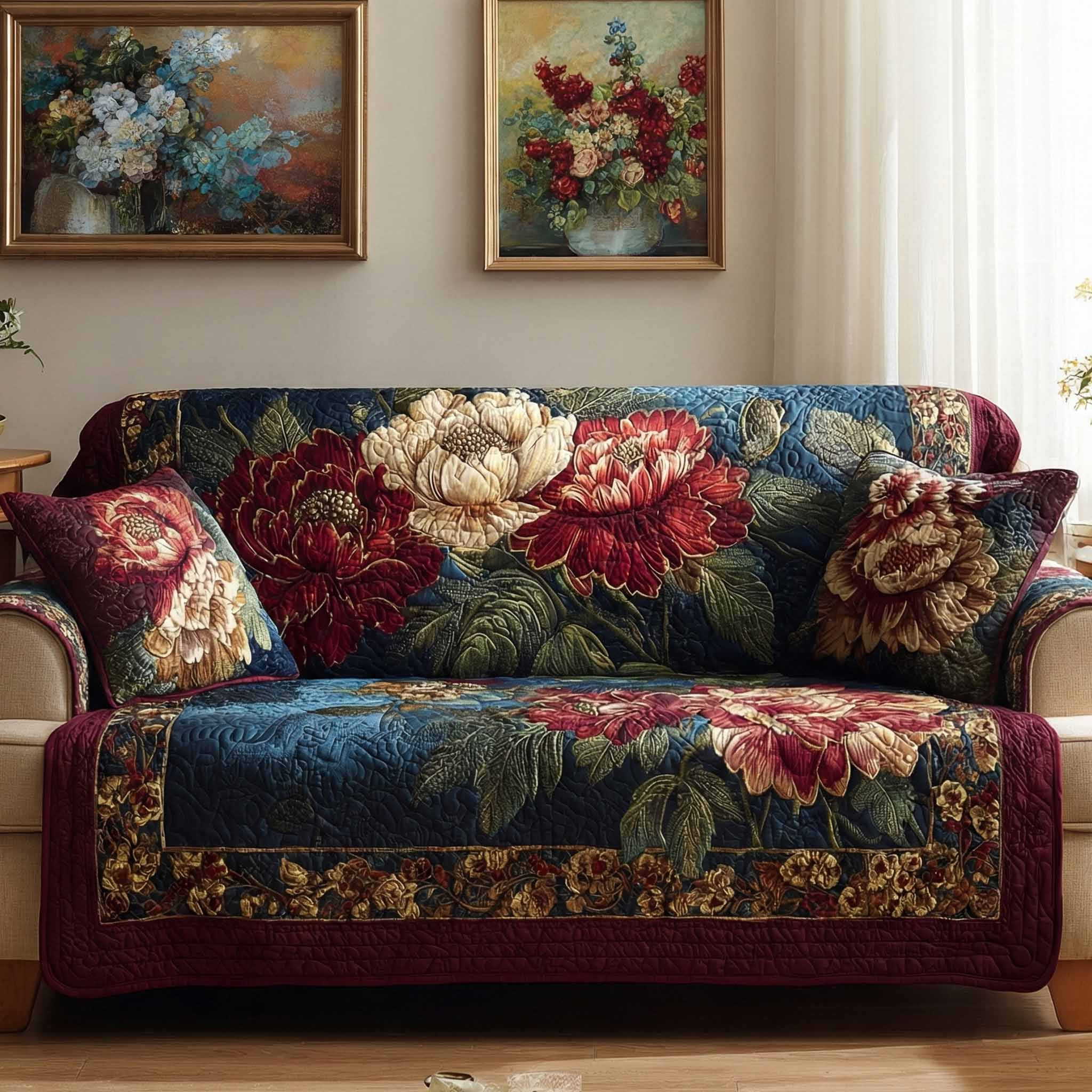 Crimson Bouquet Quilted Sofa Cover Best Couch Covers Luxury Mother's Day Gifts - Tradiviet