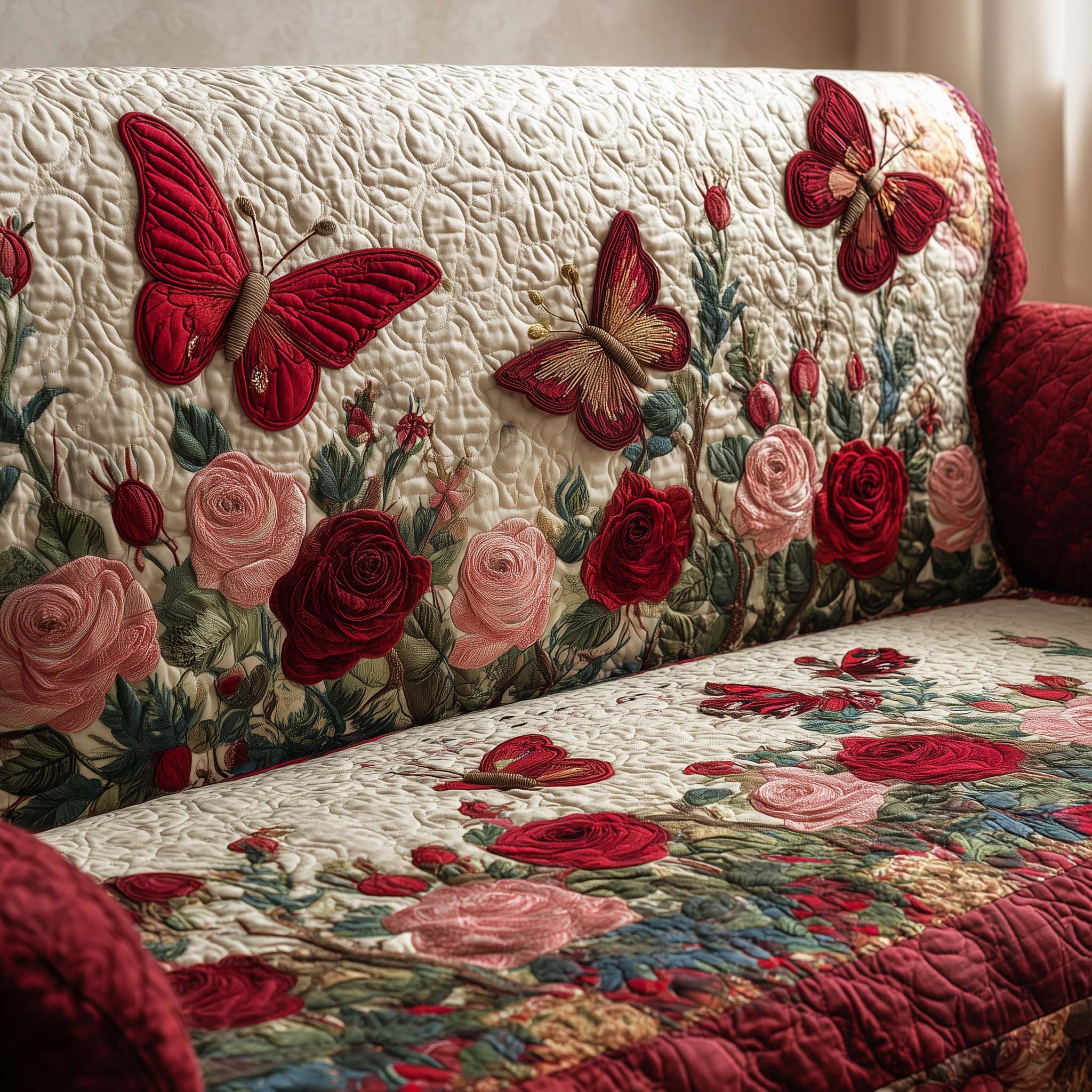Crimson Butterflies Quilted Sofa Cover Butterfly Home Couch Cover Gift For Home Lover - Tradiviet