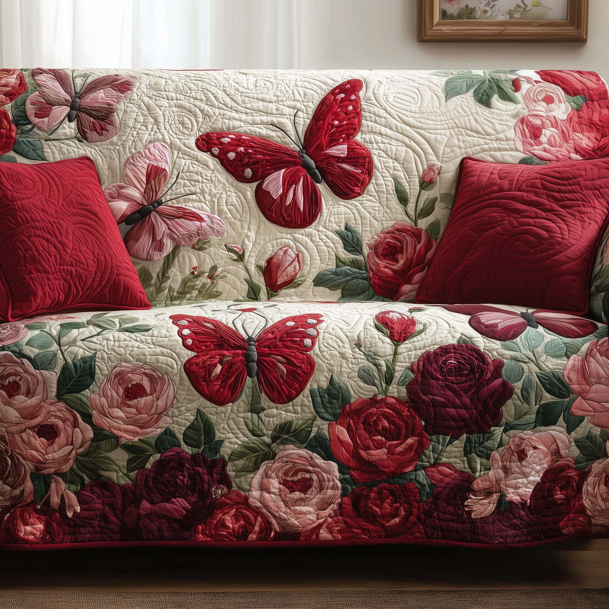 Crimson Butterflies Quilted Sofa Cover Butterfly Home Couch Cover Gifts For Home Decor - Tradiviet