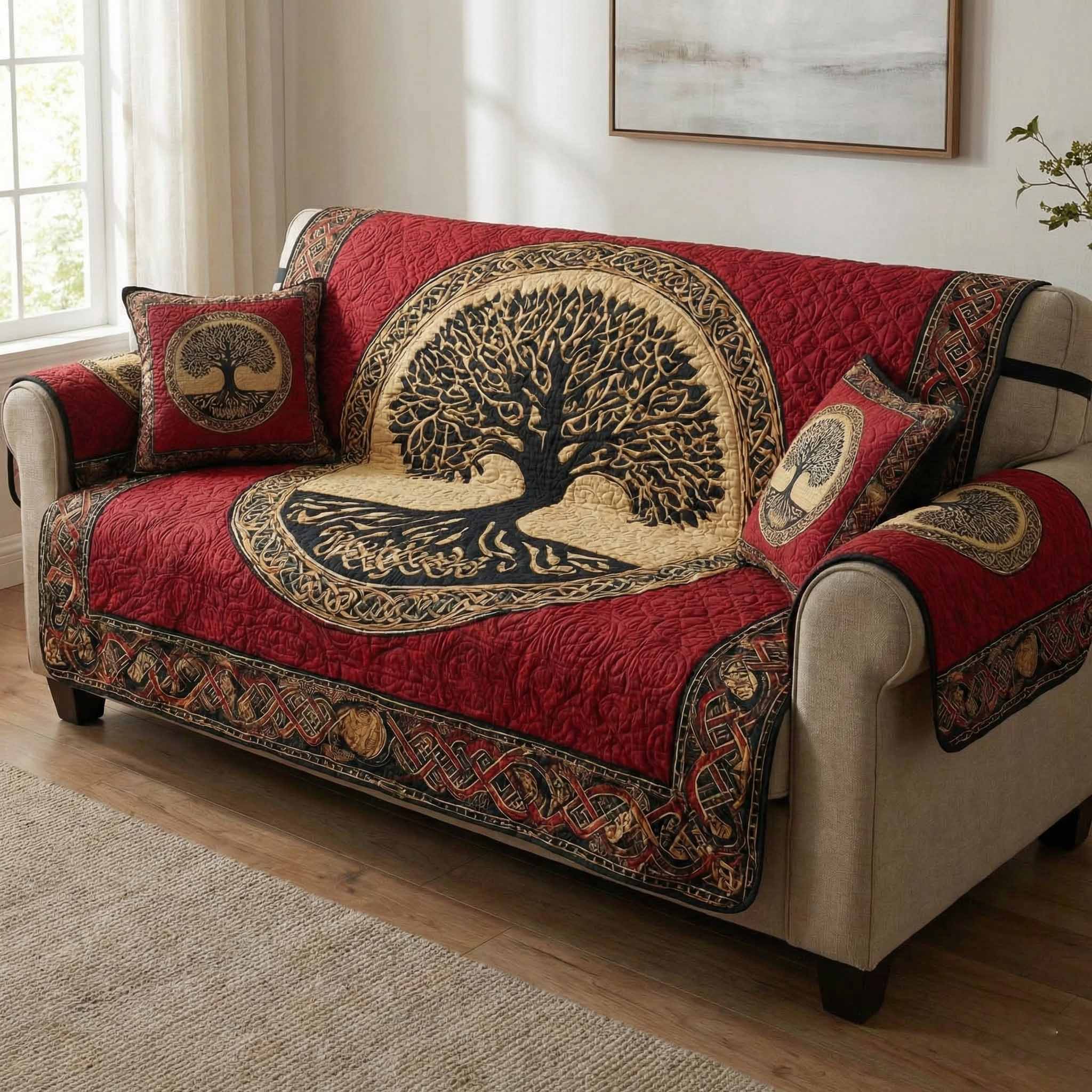 Crimson Covenant Quilted Sofa Cover Minimalist Room Decor Unique Home Decor Gifts - Tradiviet