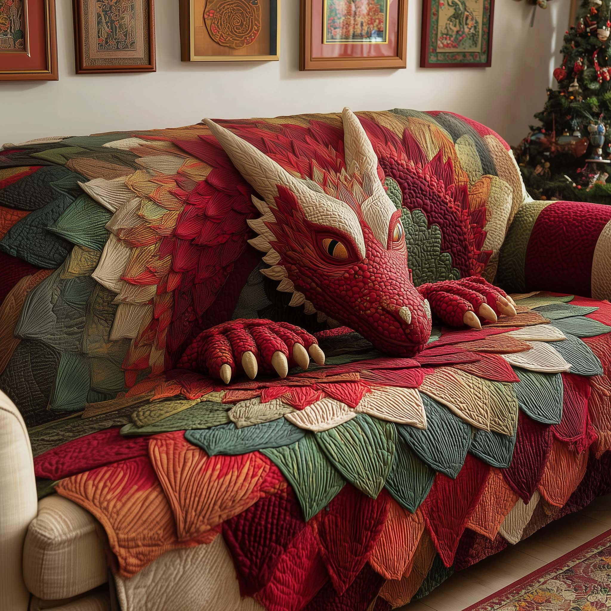 Crimson Dragon Quilted Sofa Cover Fantasy Home Couch Cover Home Gift For Him - Tradiviet