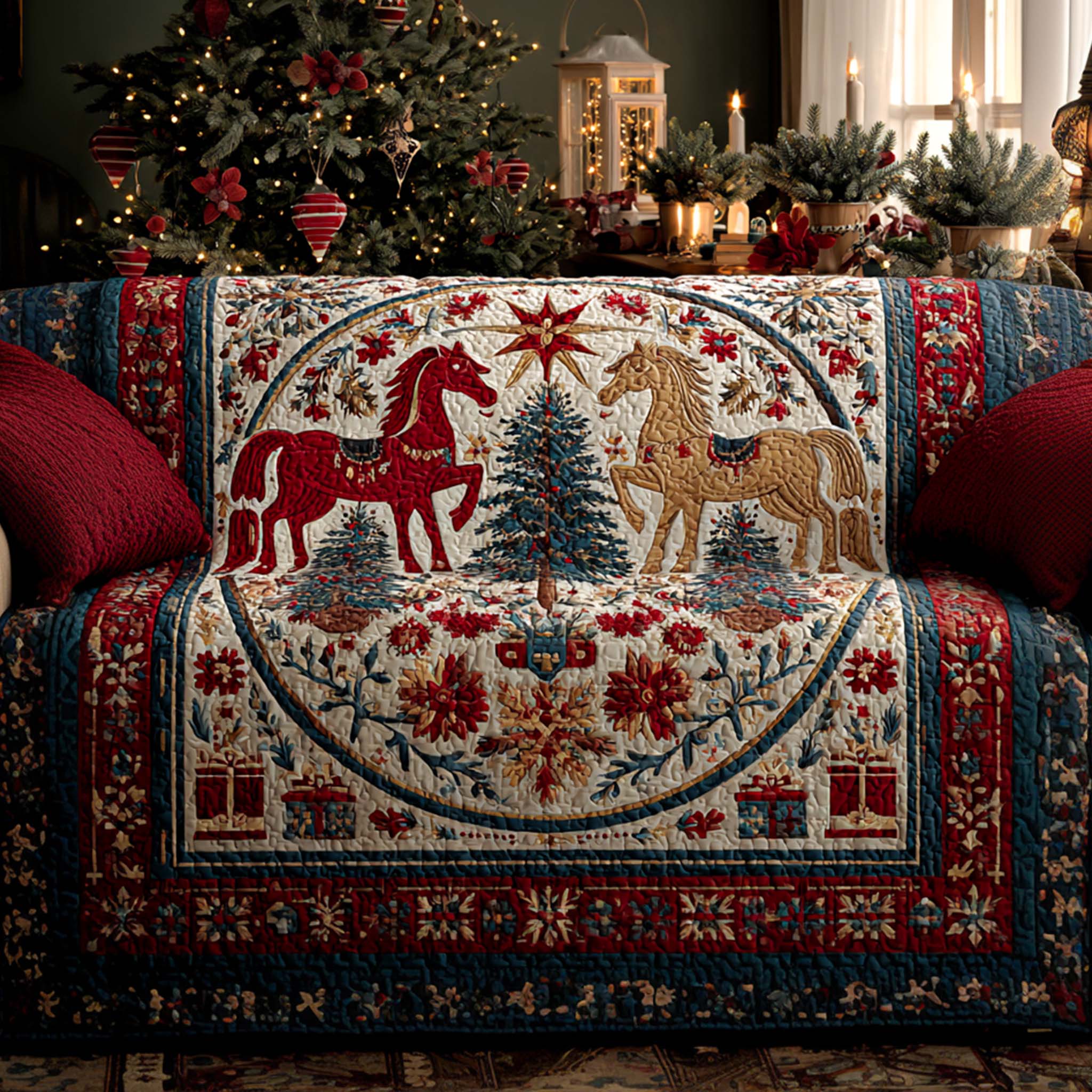 Crimson Holiday Stallions Quilted Sofa Cover Christmas Couch Covers Cool Gifts For Horse Lovers - Tradiviet